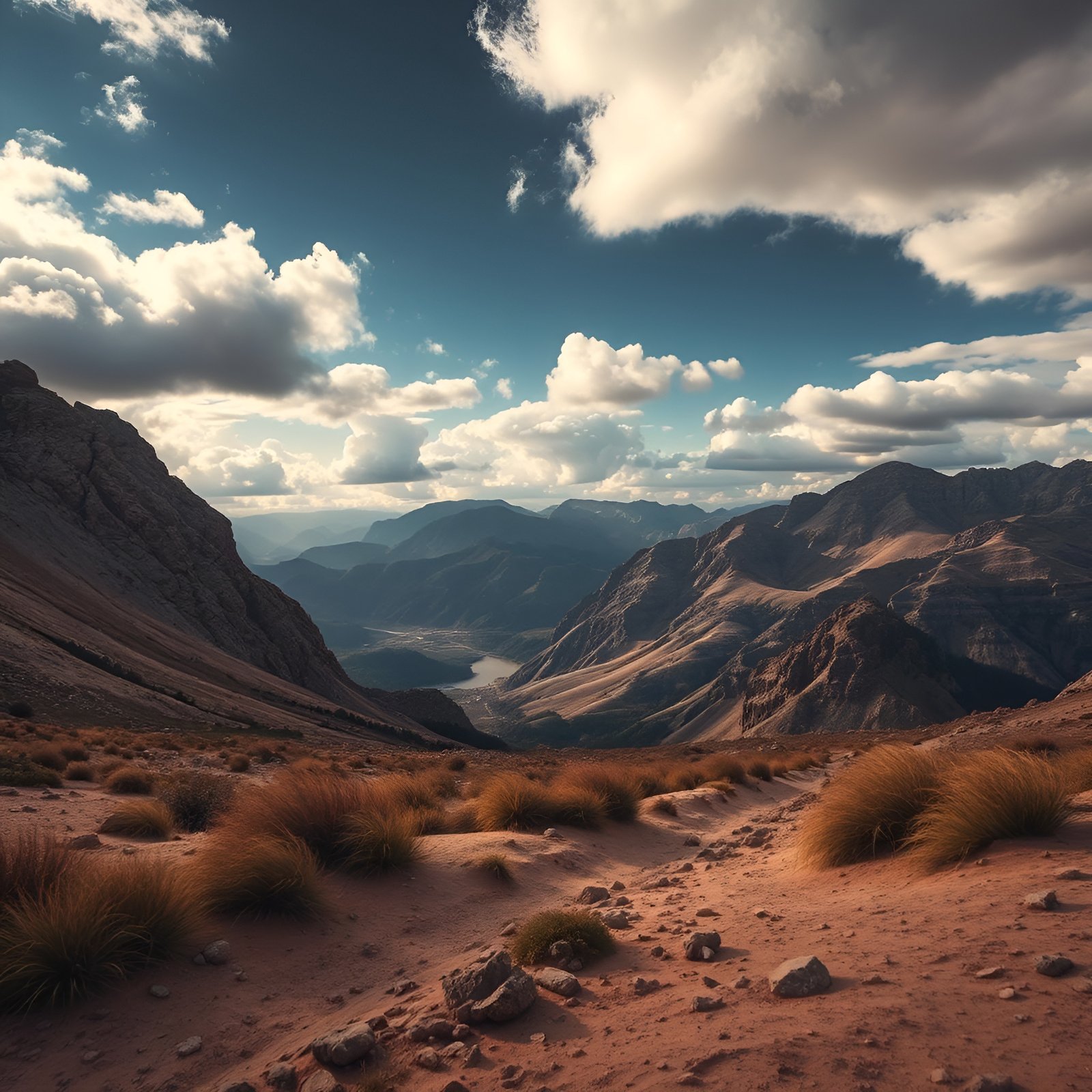 A nature photograph of a high desert mountain valley with rust grass, red sand, a distant lake, and white clouds.