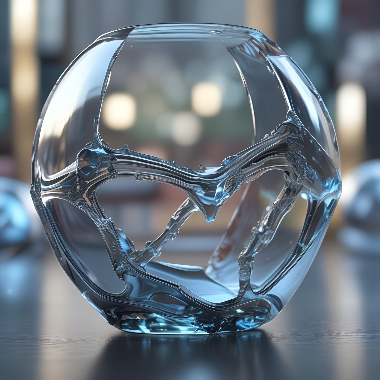 A 3d poster art of a hollow pale-blue glass sphere with branching internal struts on a dark table.