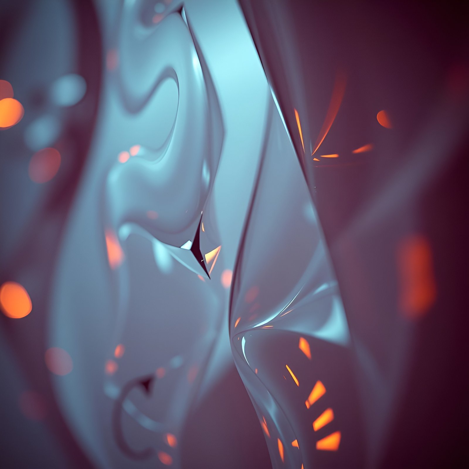 Ice blue glossy curves with orange amber bokeh in dark purple shadow in abstract art