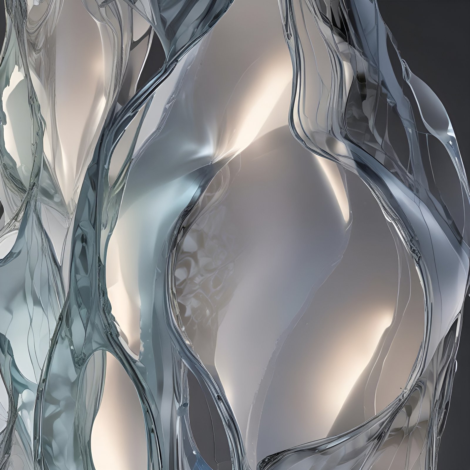Abstract art of ice-blue glass organic volumes holding a cream inner glow against dark gray.