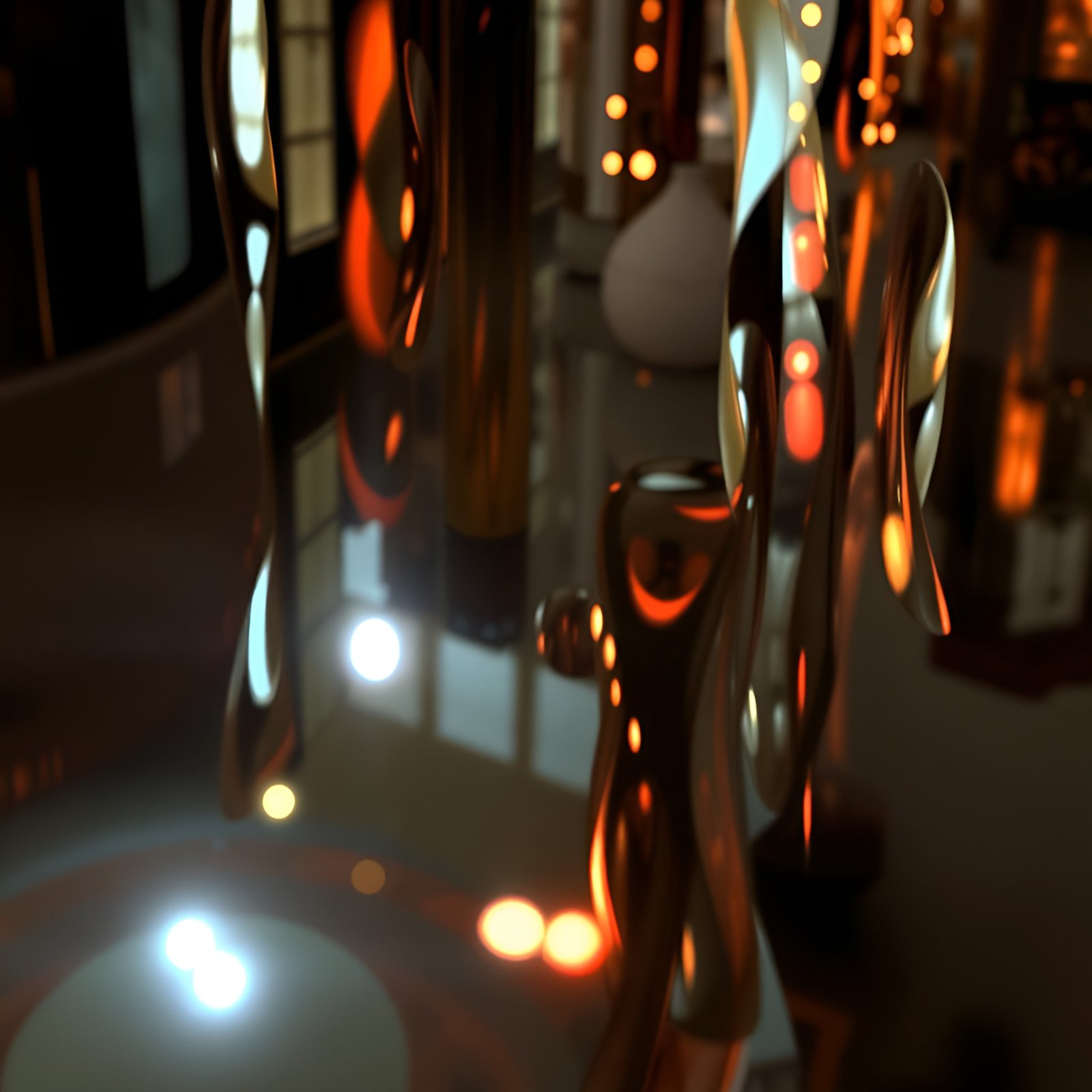 Photo of an indoor chrome sculpture with orange bokeh lights and a white vase