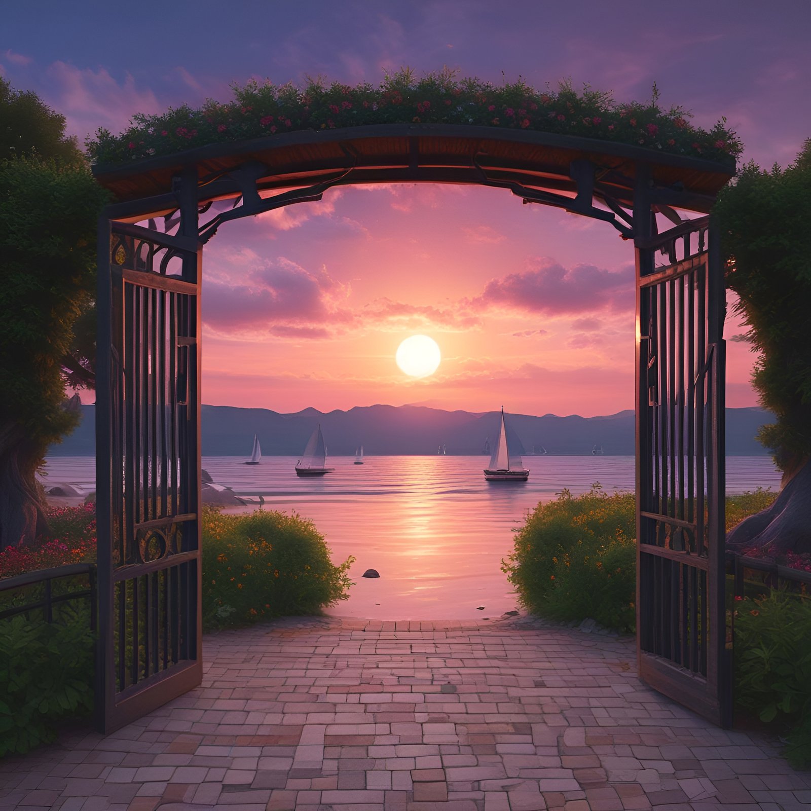 A creative photograph of open iron garden gates onto a cobble path at a lake sunset with white sail boats.