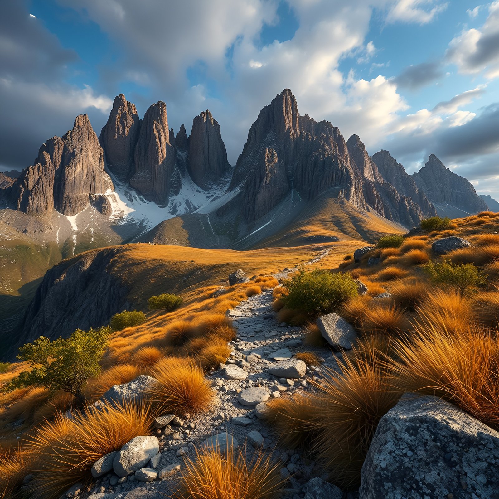 Jagged mountain peaks with snow and grass path leading towards them under blue sky