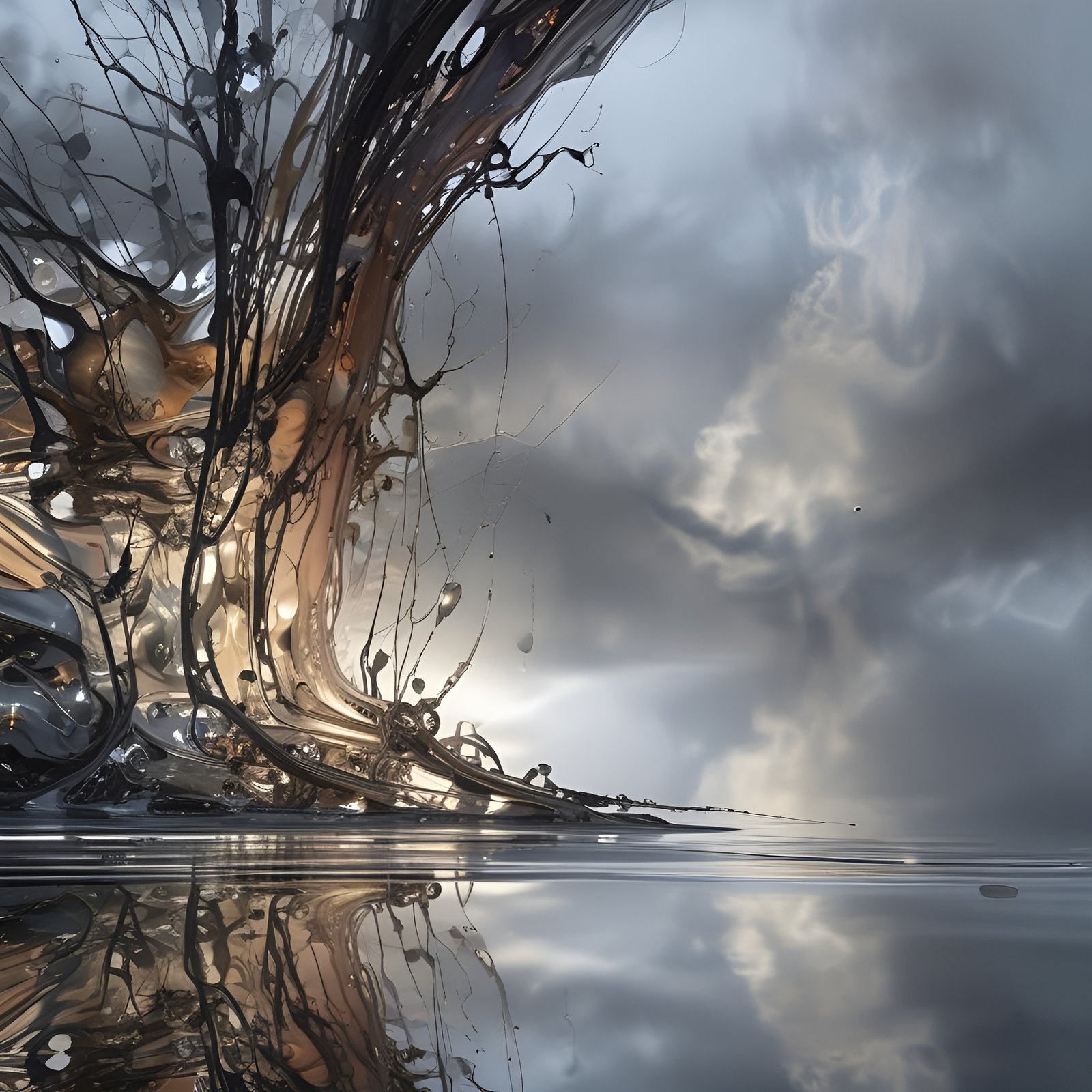 Liquid chrome tree rising over still water under gray clouds in abstract art