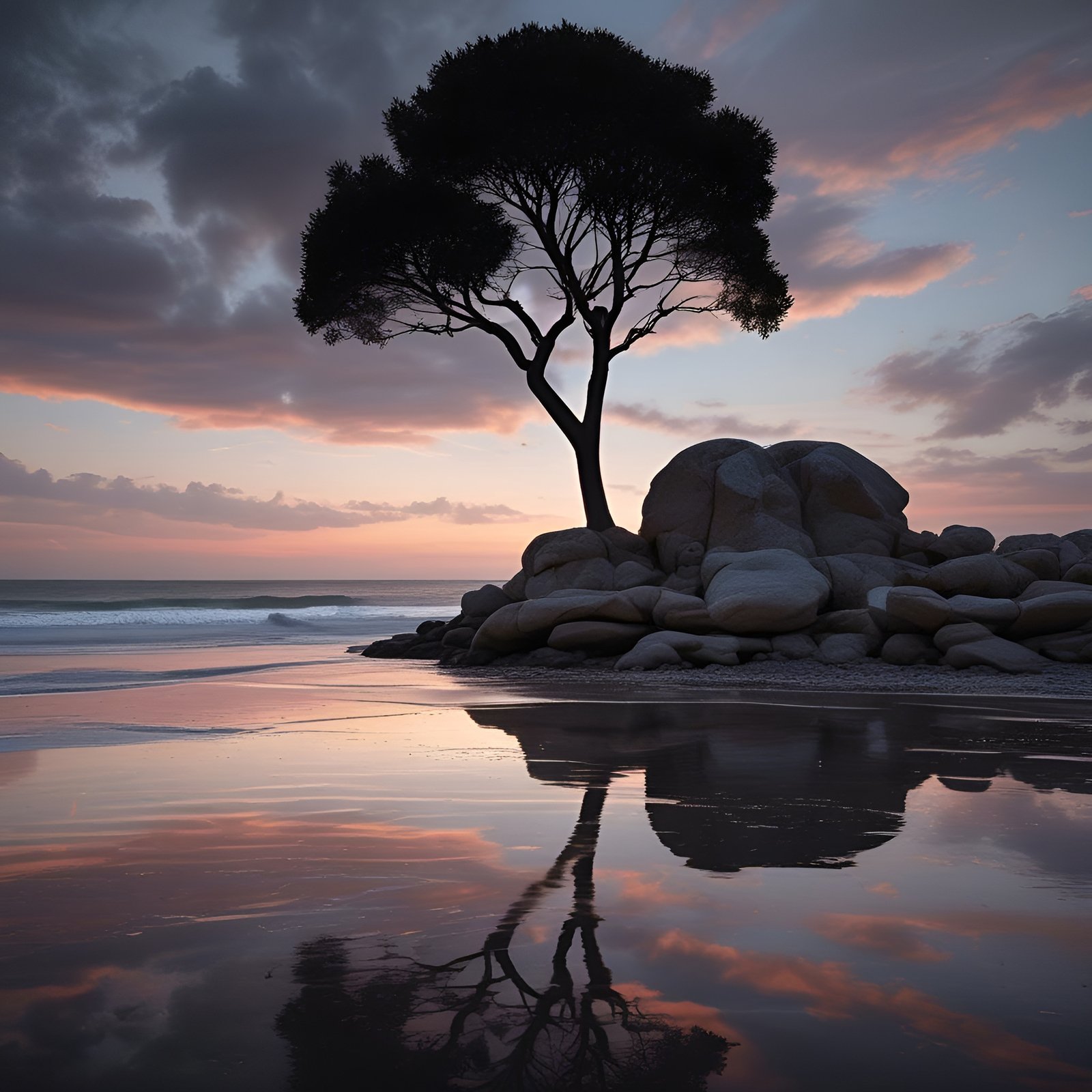 A nature photograph of a lone windswept tree on beach boulders at sunset with pink-violet clouds and a wet sand reflection.