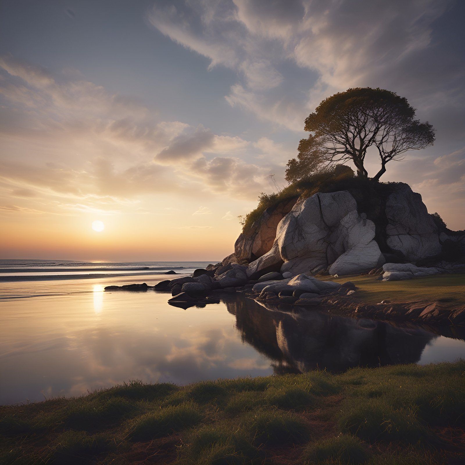 A nature photograph of a lone tree on a granite coastal rock at sunset with a still tide pool and a sun path on water.