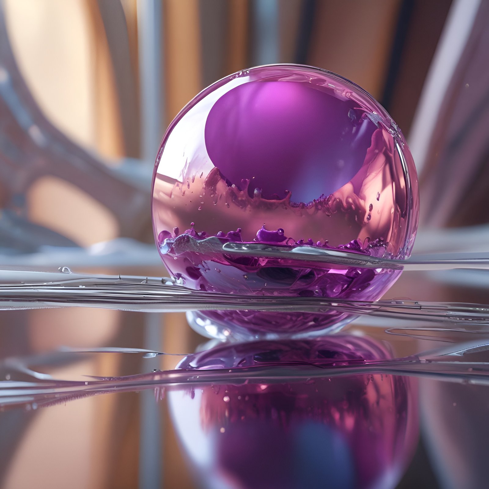 Magenta glass sphere with a purple orb sitting on a liquid metal floor in abstract art