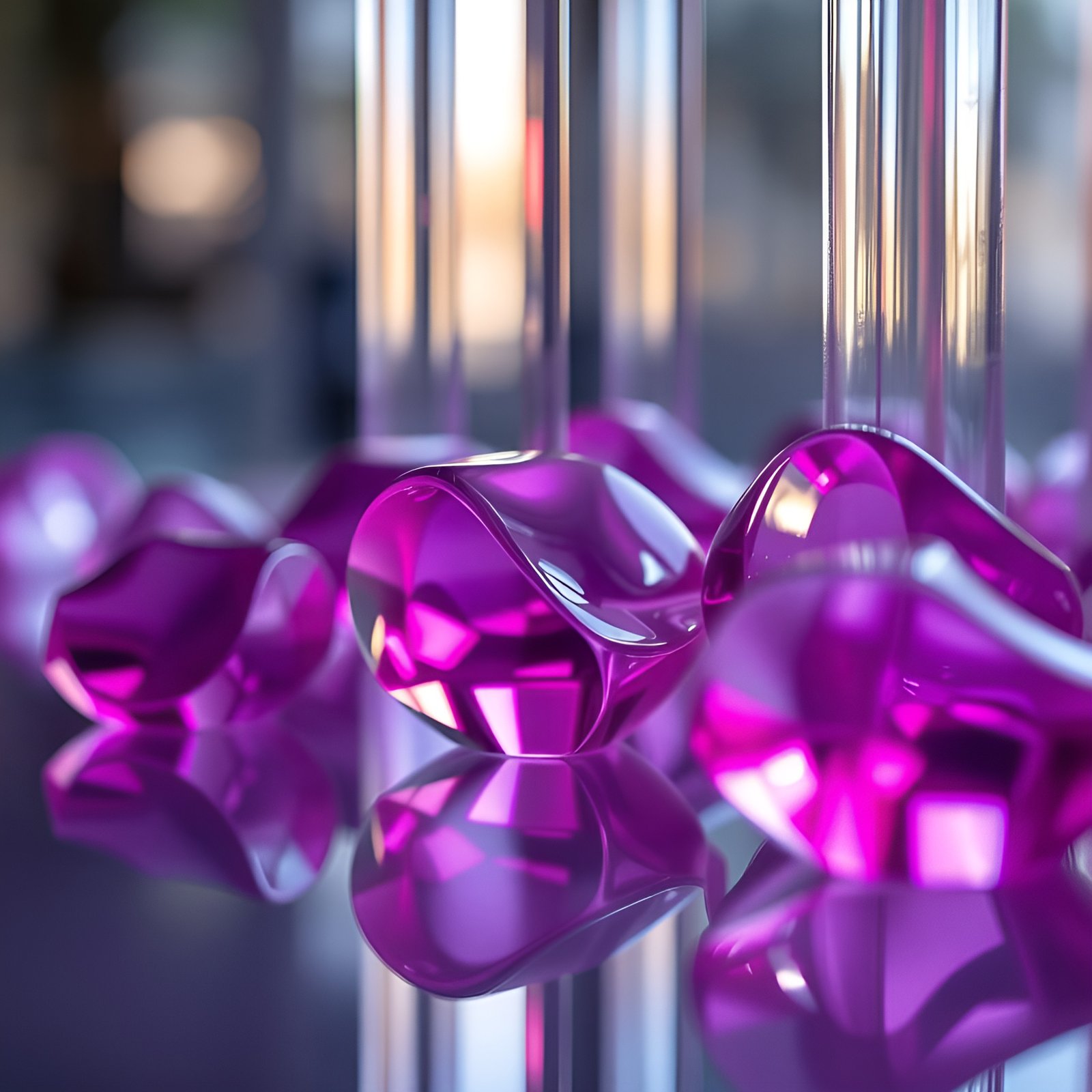 Magenta purple glass droplets and vertical clear rods in abstract art