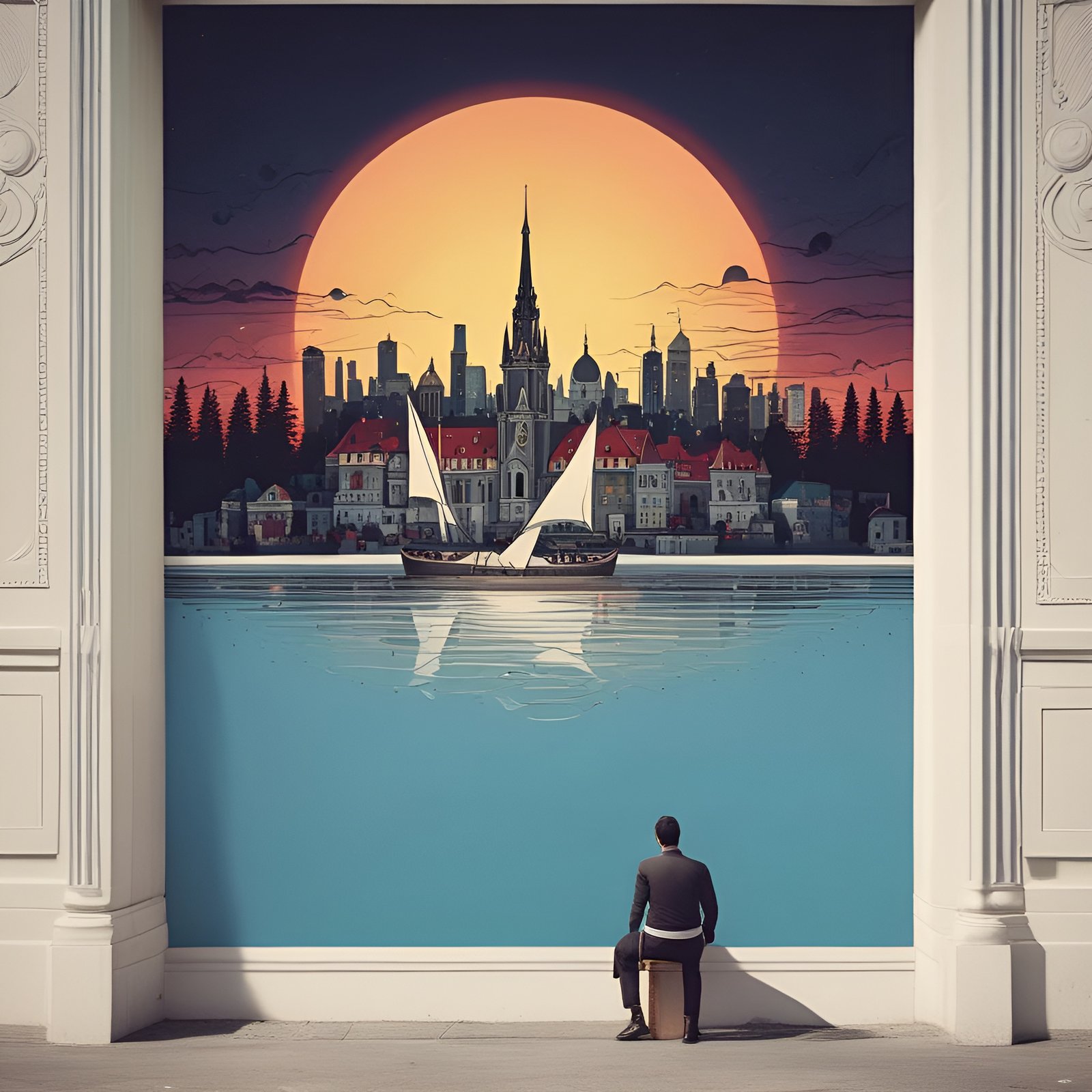 Poster art of a man in a dark suit seated on a suitcase facing a mural of a two sail boat, church spire, and giant orange sun.
