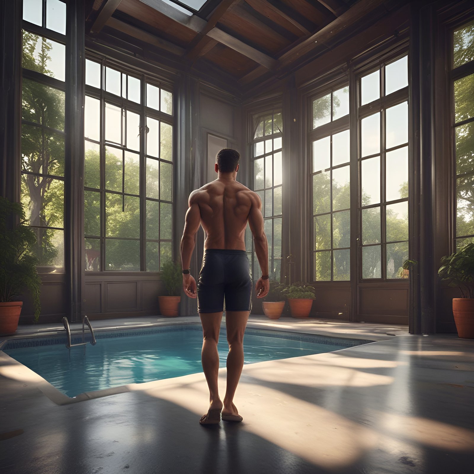 Photo of a man in dark swim shorts by an indoor conservatory pool
