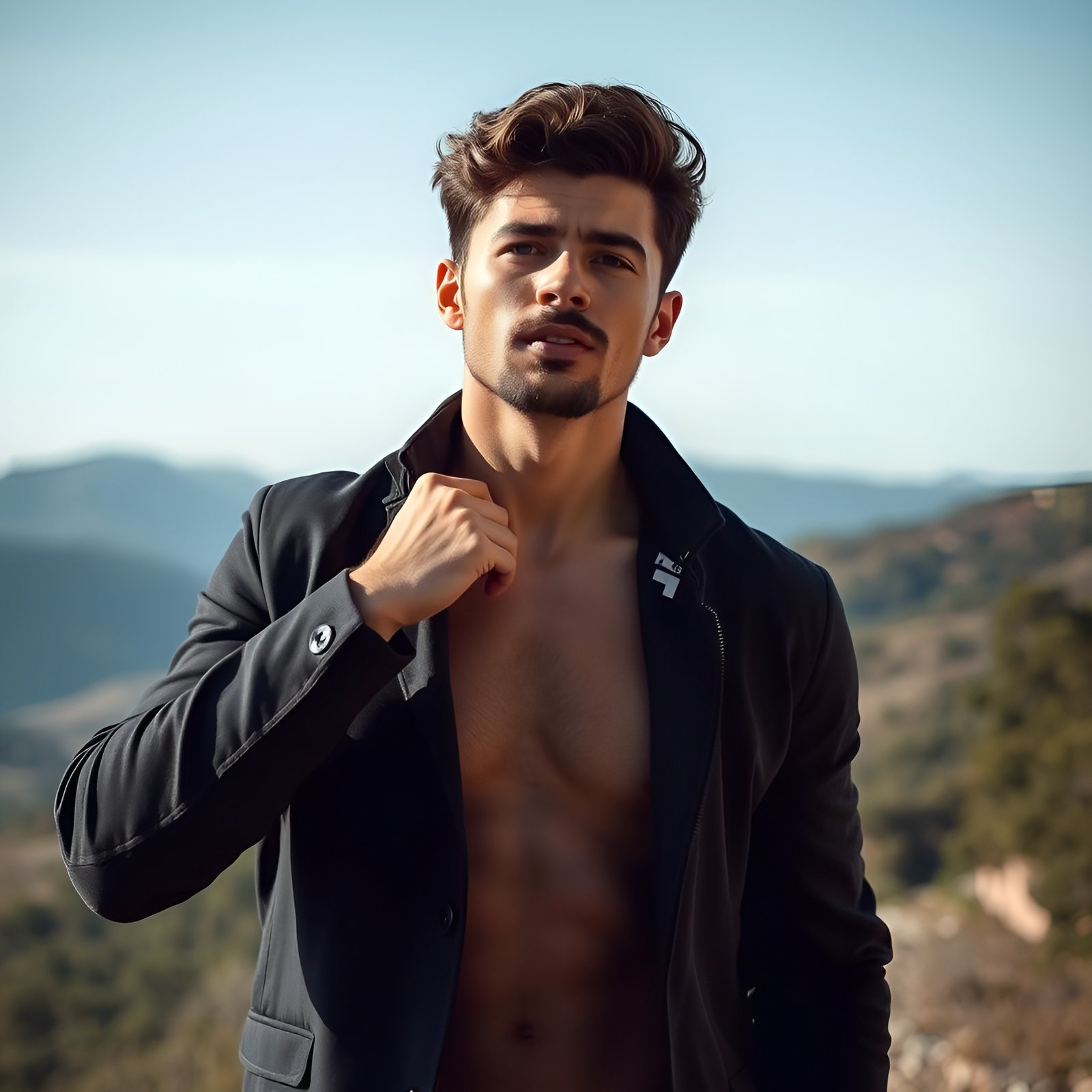 Man standing in mountains with open jacket shirtless brown hair and mustache