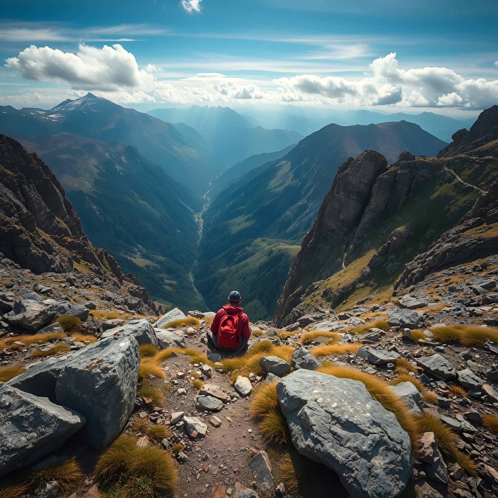 Photo of a man with a red backpack sitting on a rocky ridge over a green valley