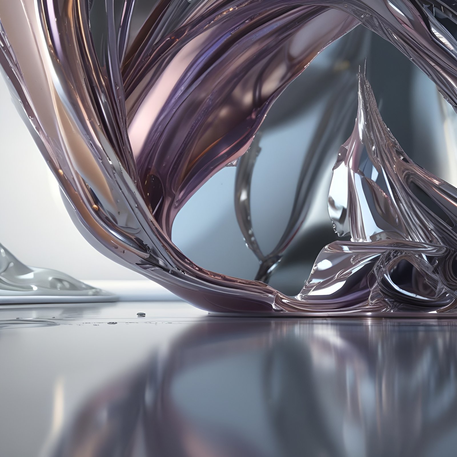 Abstract art of mauve and silver chrome liquid curling into a hollow arch on a glossy white floor.