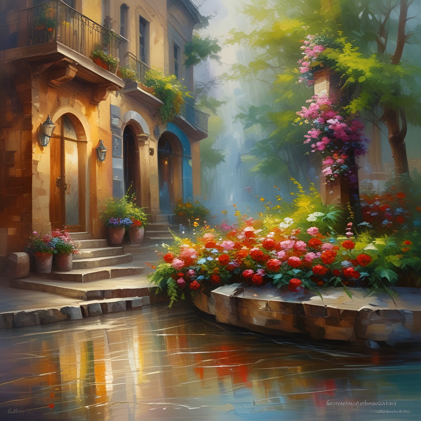 An oil painting style of a Mediterranean street with arched wood doors, an iron balcony, wet pavement, and flower beds.