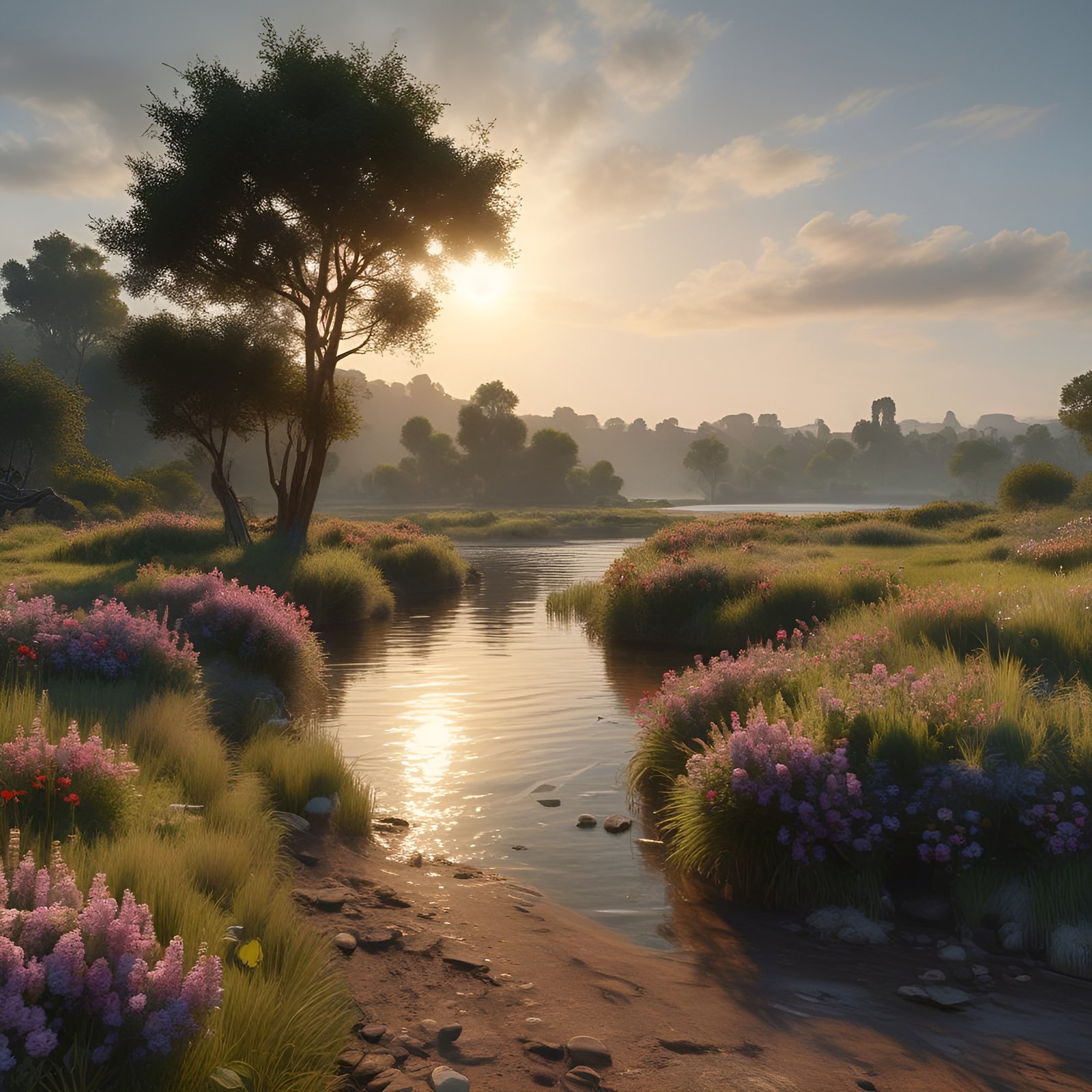 A nature photograph of a narrow creek at sunset with pink wildflowers on both banks and sun on the water.