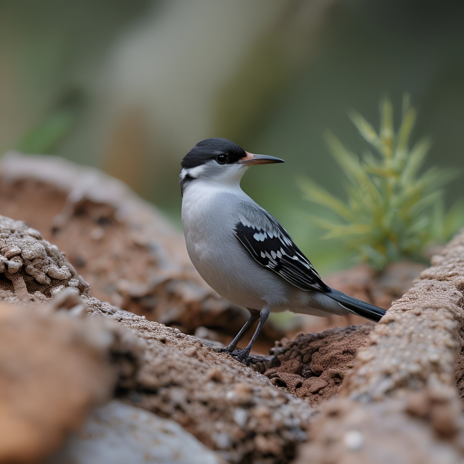 Nature photograph of a black capped helmetshrike with orange beak and white wing bars perched on dirt log