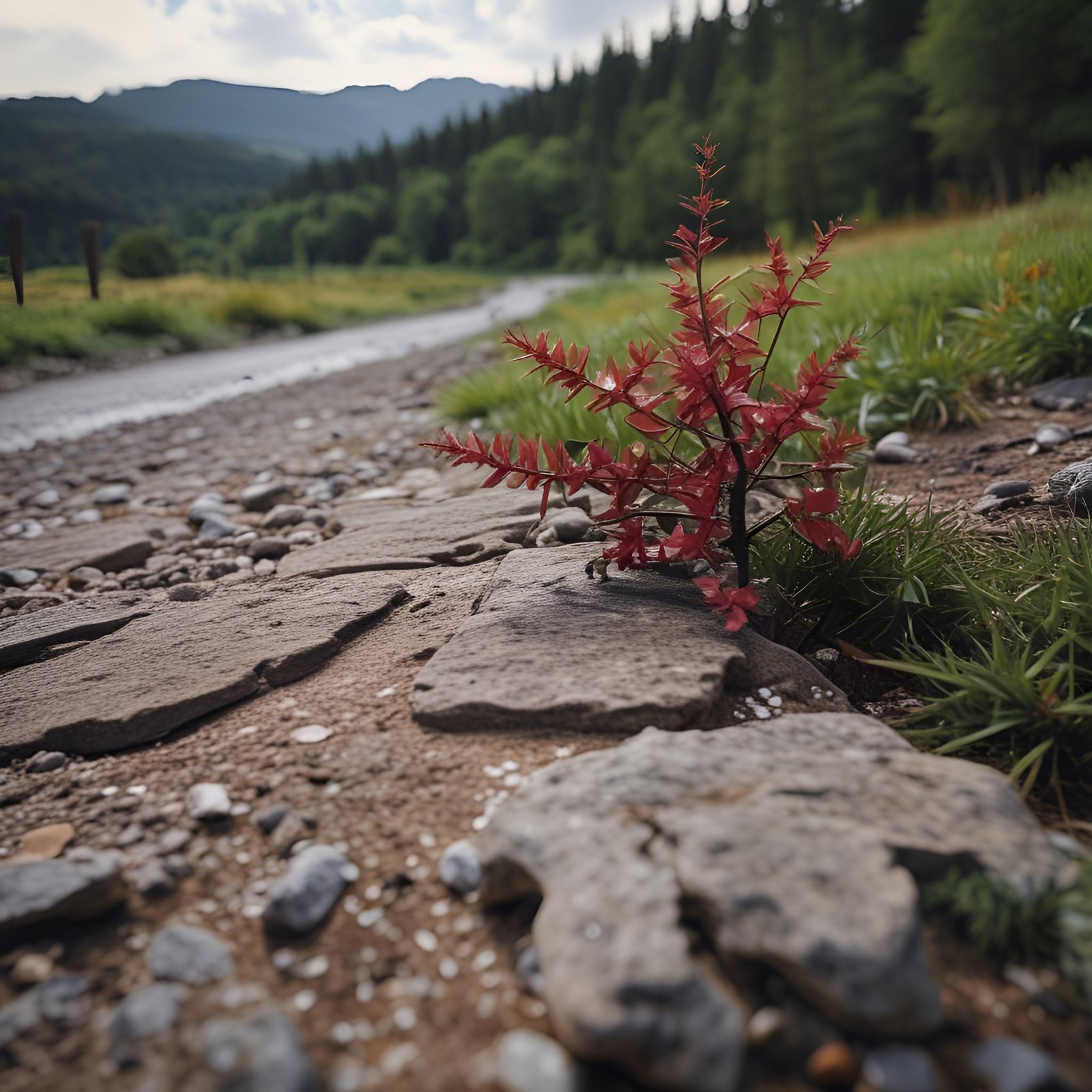 Nature photograph of red barberry plant on rocky path with green fields and mountains
