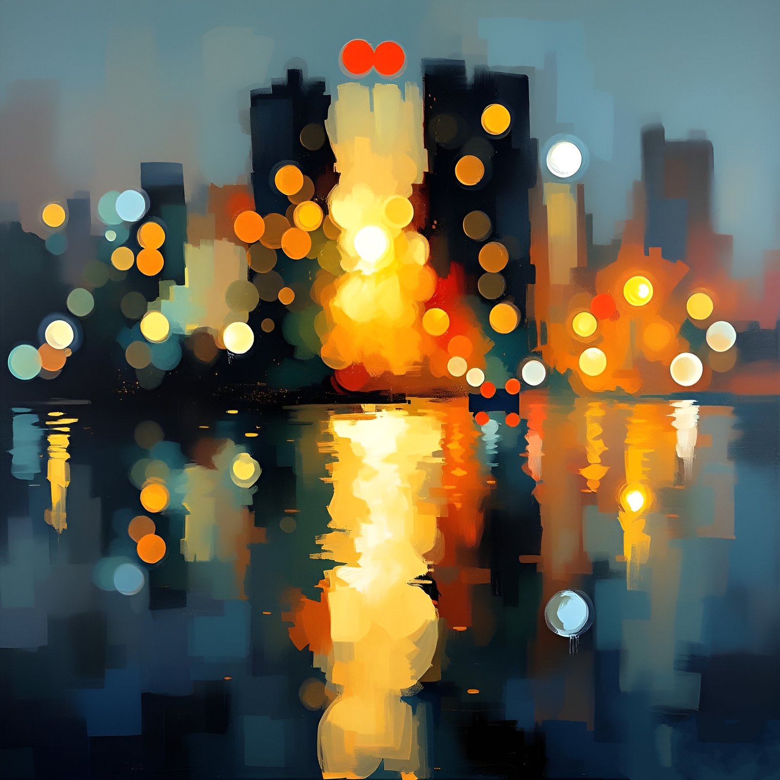 Painting of a night city skyline with bokeh lights and a gold reflection in dark water