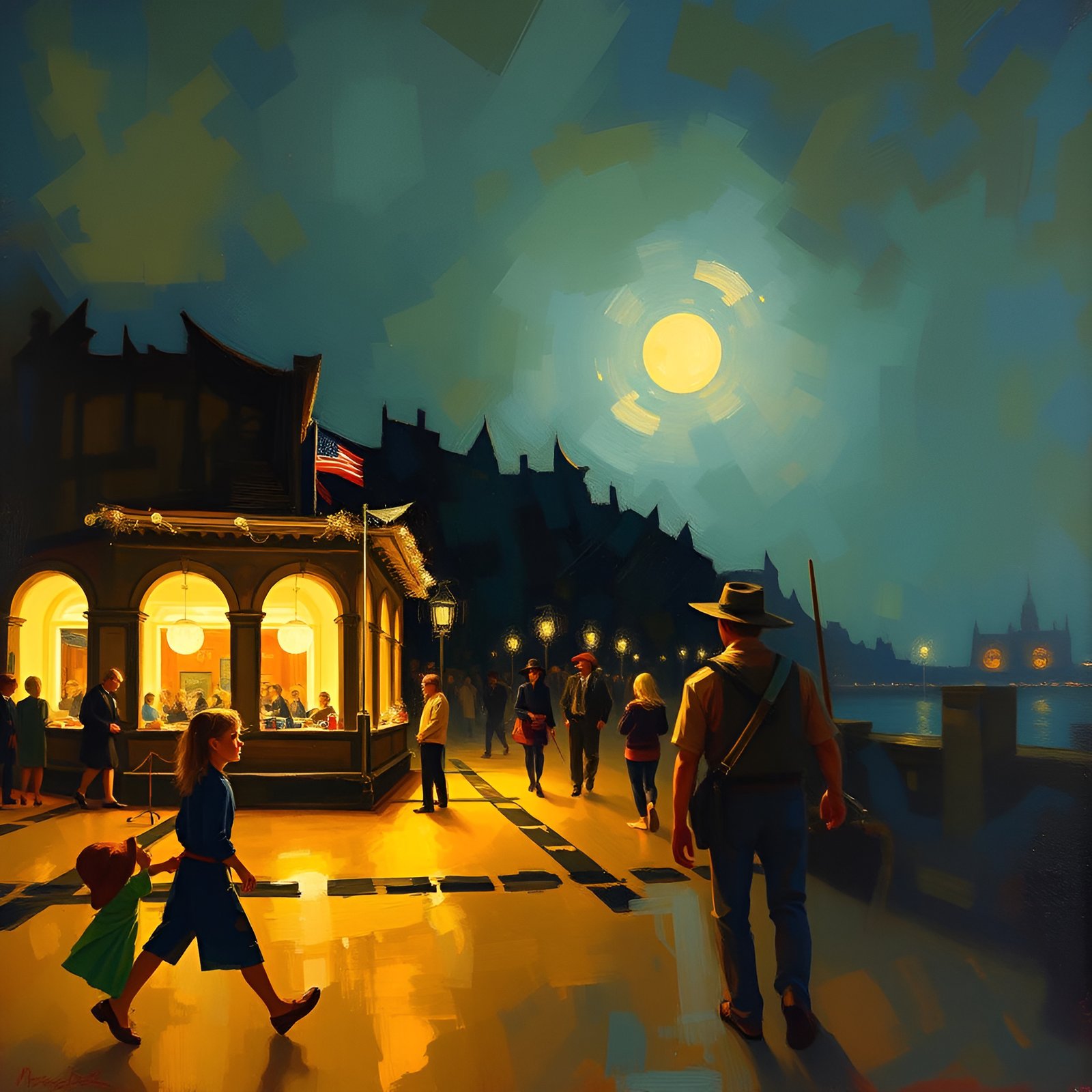 Oil painting of bustling night street with people walking by lit cafe under full moon near river