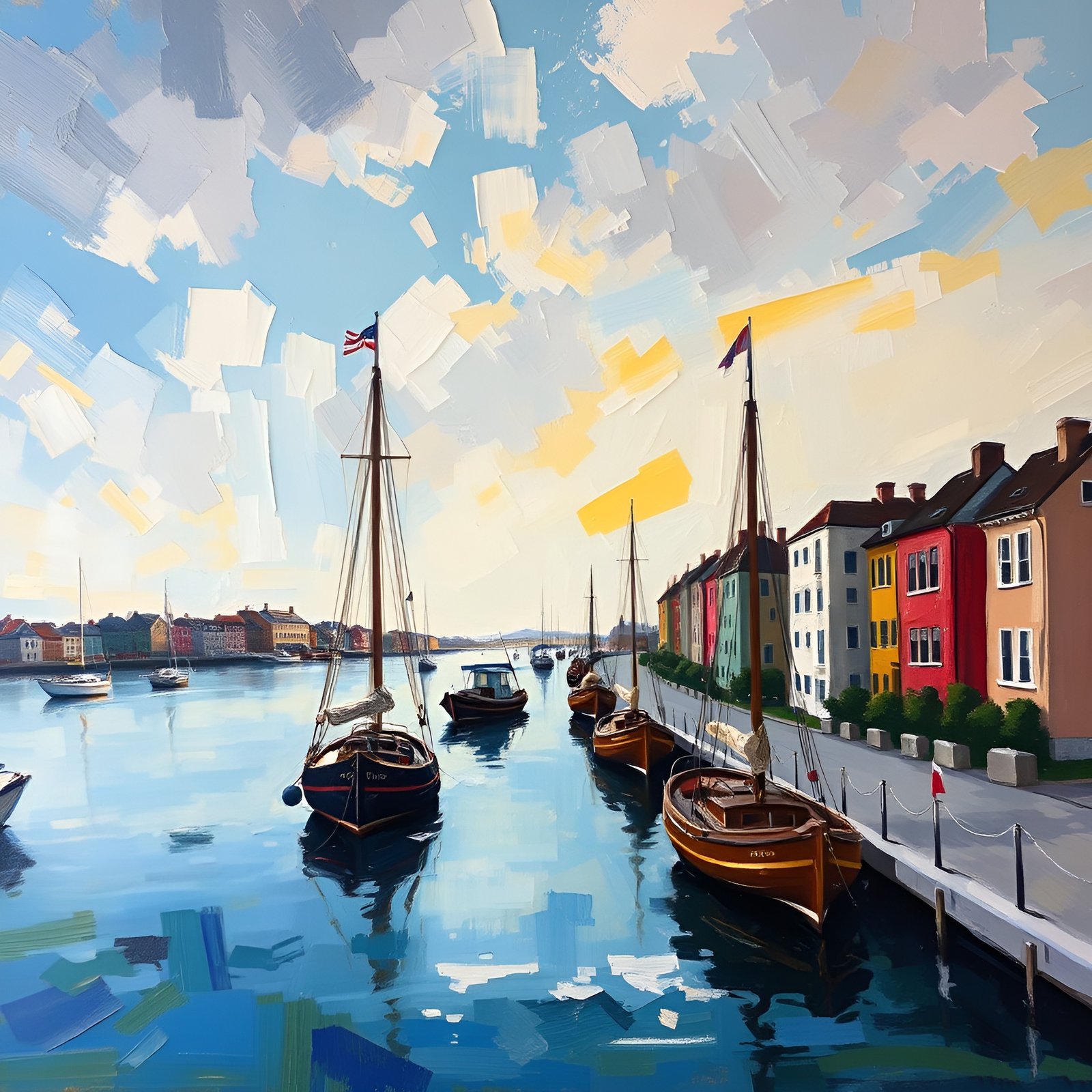 An oil painting style of a Nordic harbor with wooden sail boats, a US flag, and colorful red yellow peach and mint townhouses.