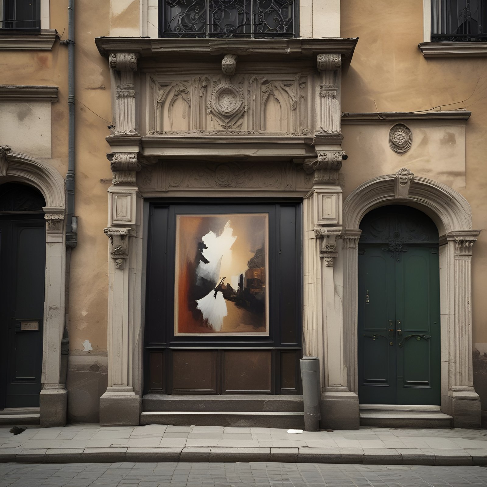 A creative photograph of an ochre stone facade with a green paneled door, iron balcony, and a framed painting in a shop window.