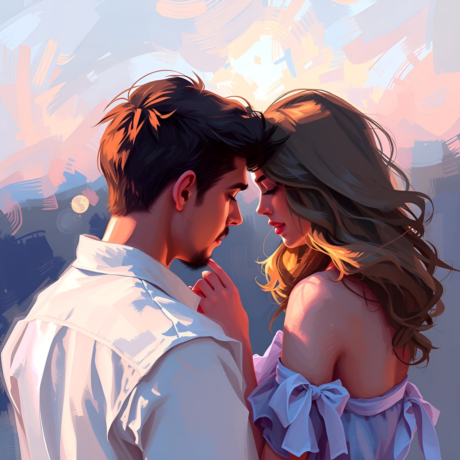 Oil painting style with a romantic couple close together