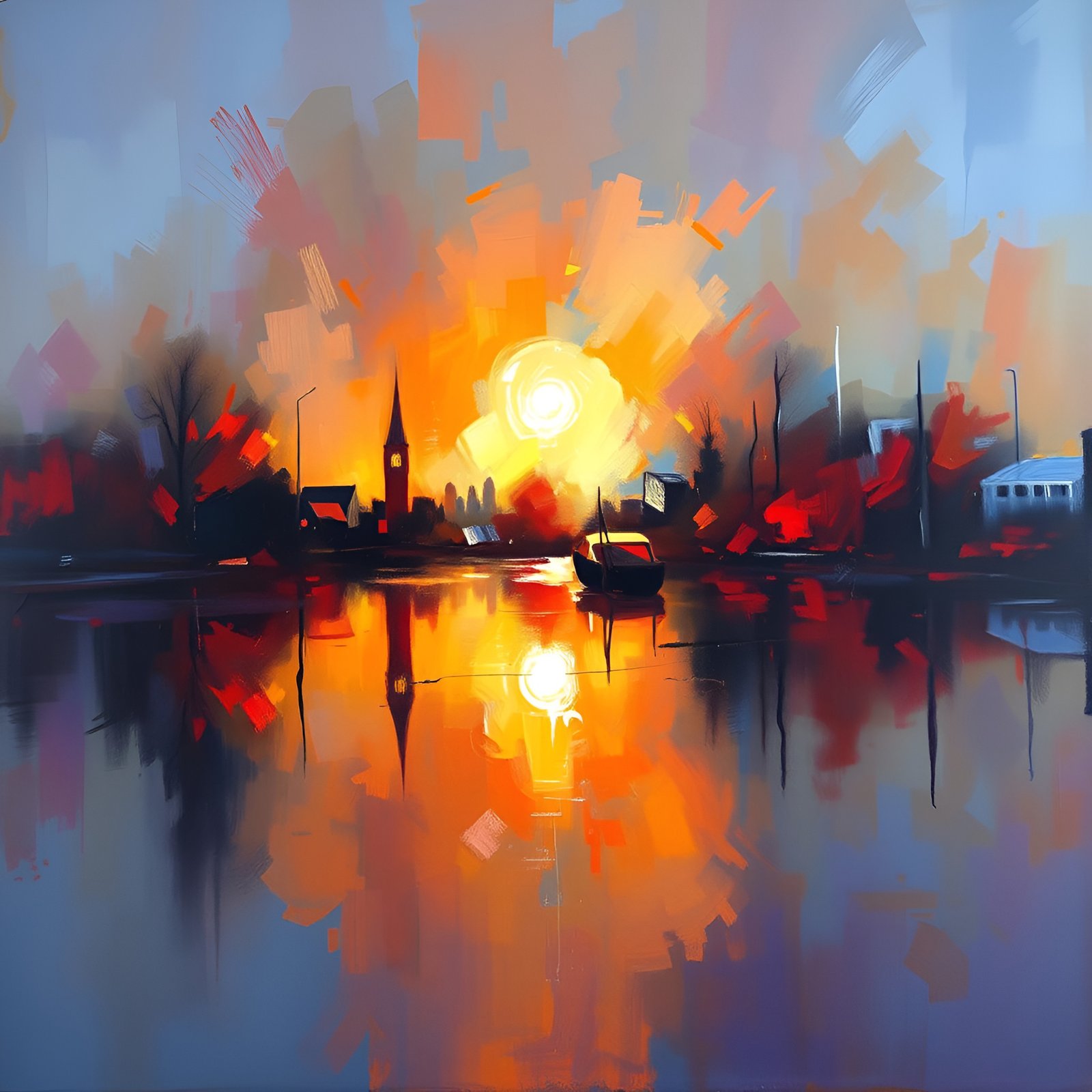 An oil painting style sunset over still water with a church steeple, a small boat, and the sun disk reflected in orange yellow and blue.