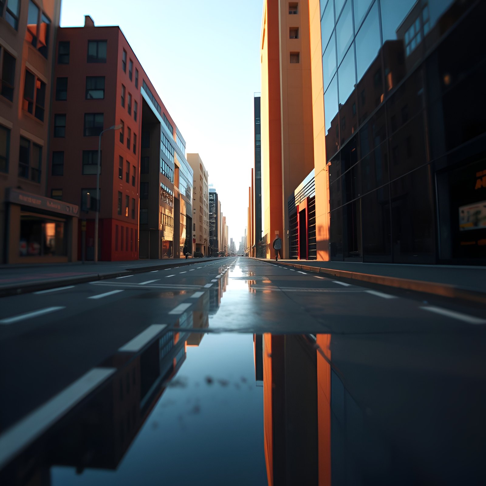 A creative photograph of a city street of orange and glass office towers with a puddle mirroring the buildings.