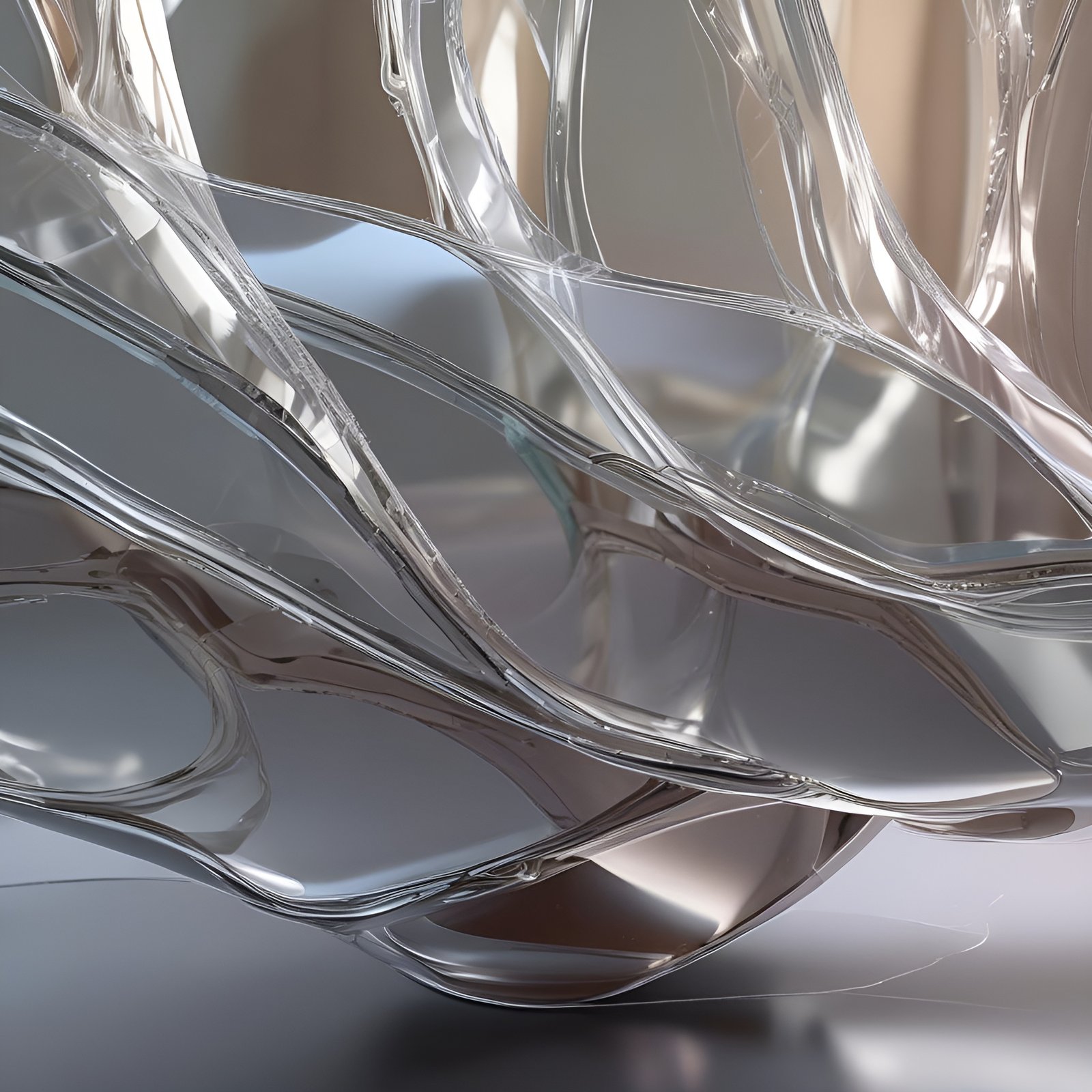 Abstract art of overlapping clear glass ribbons in silver and champagne catching indoor light.