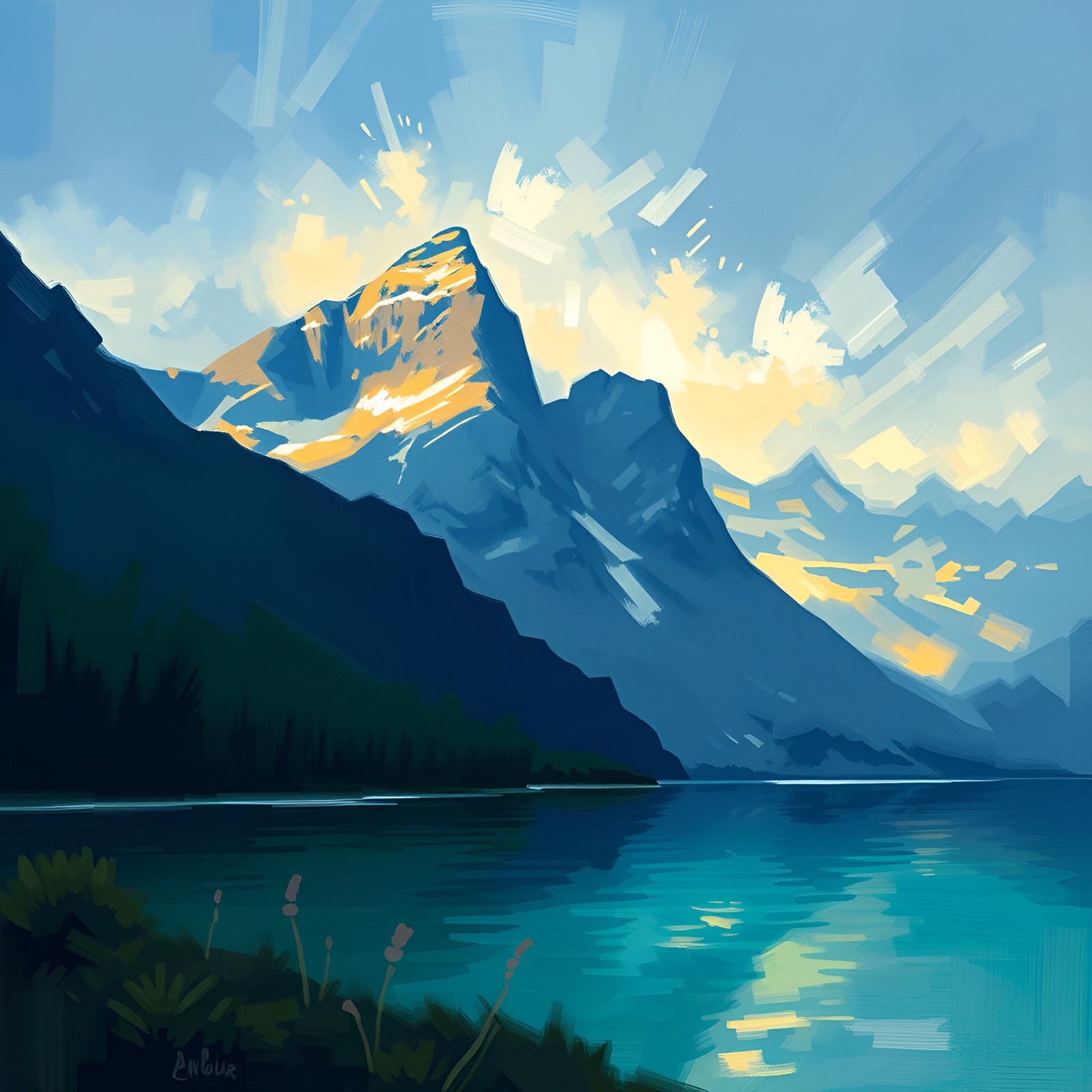 Painting of mountain landscape with turquoise lake and sunset glow