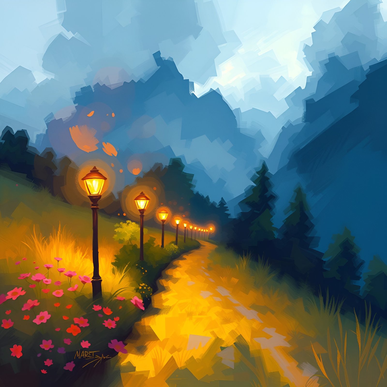 Painted path lined with lamp posts and pink flowers leading to mountains under blue sky