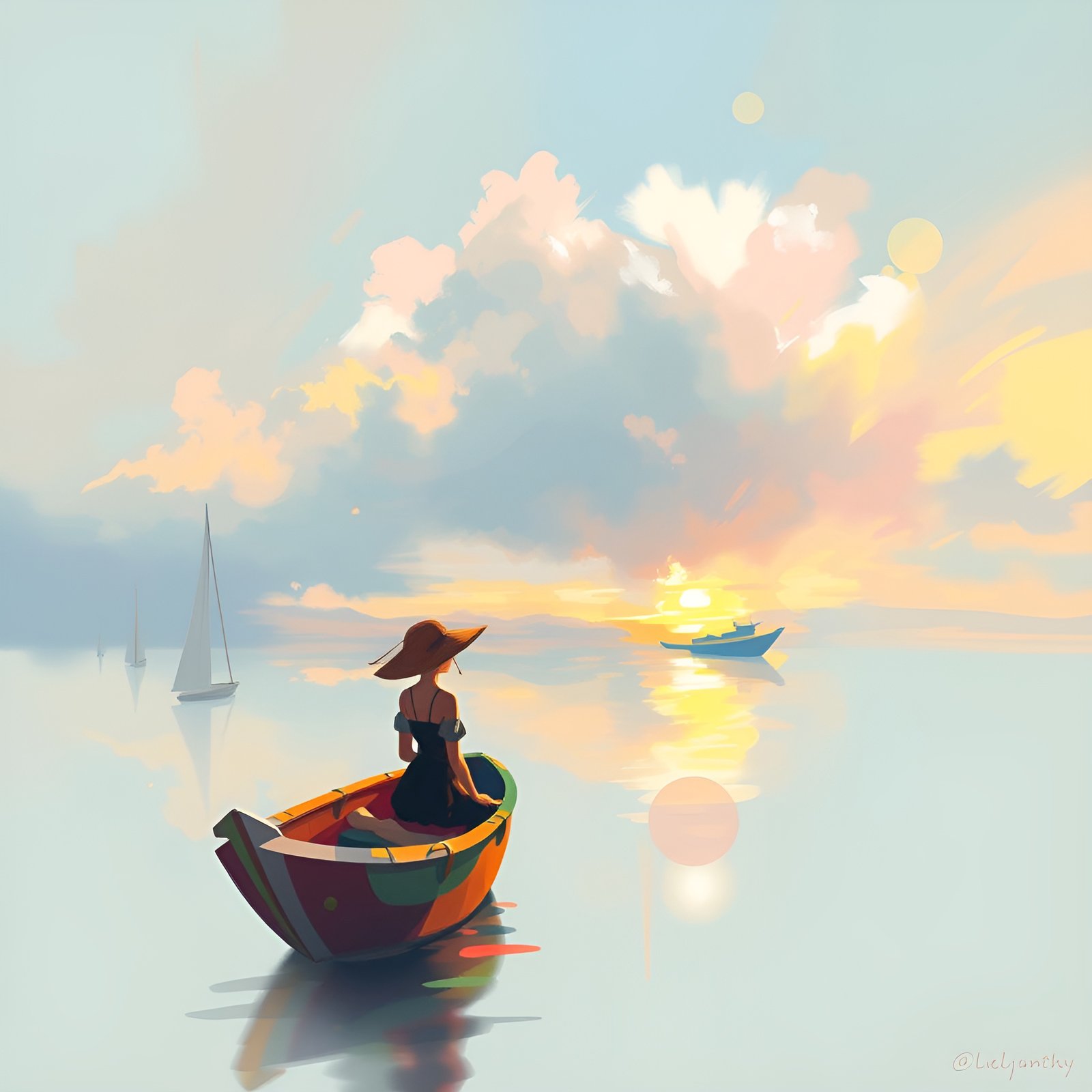 A painting of a boat at sunset with pastel sky colors