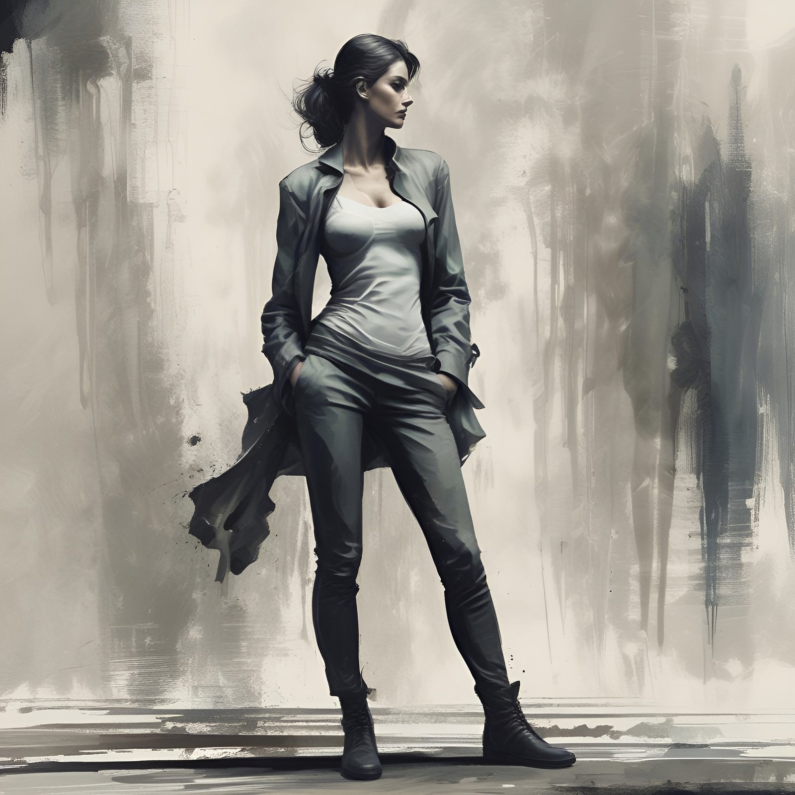 A painting style of artwork with a woman in gray jacket is standing confidently with a misty painted background