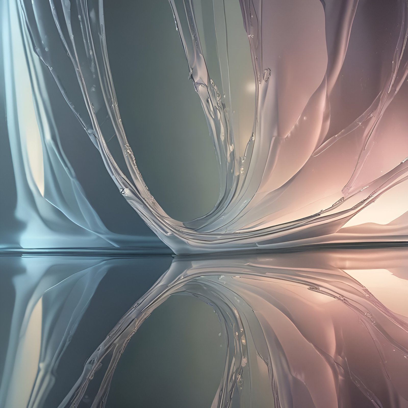 Pale blue and blush pink dripping glass on a mirror plane in abstract art