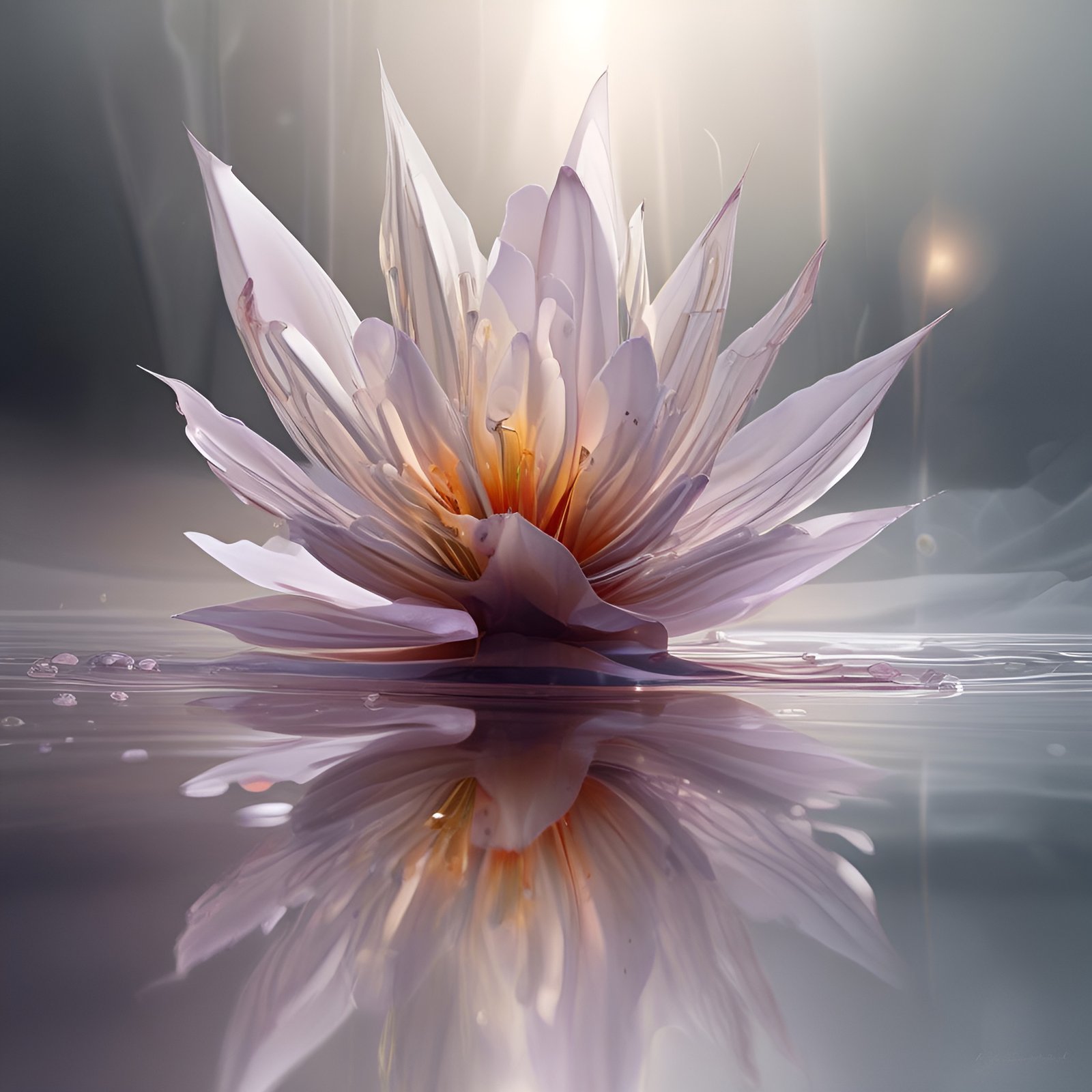 A floral photograph of a pale lavender water lily with orange stamens floating on still gray water.