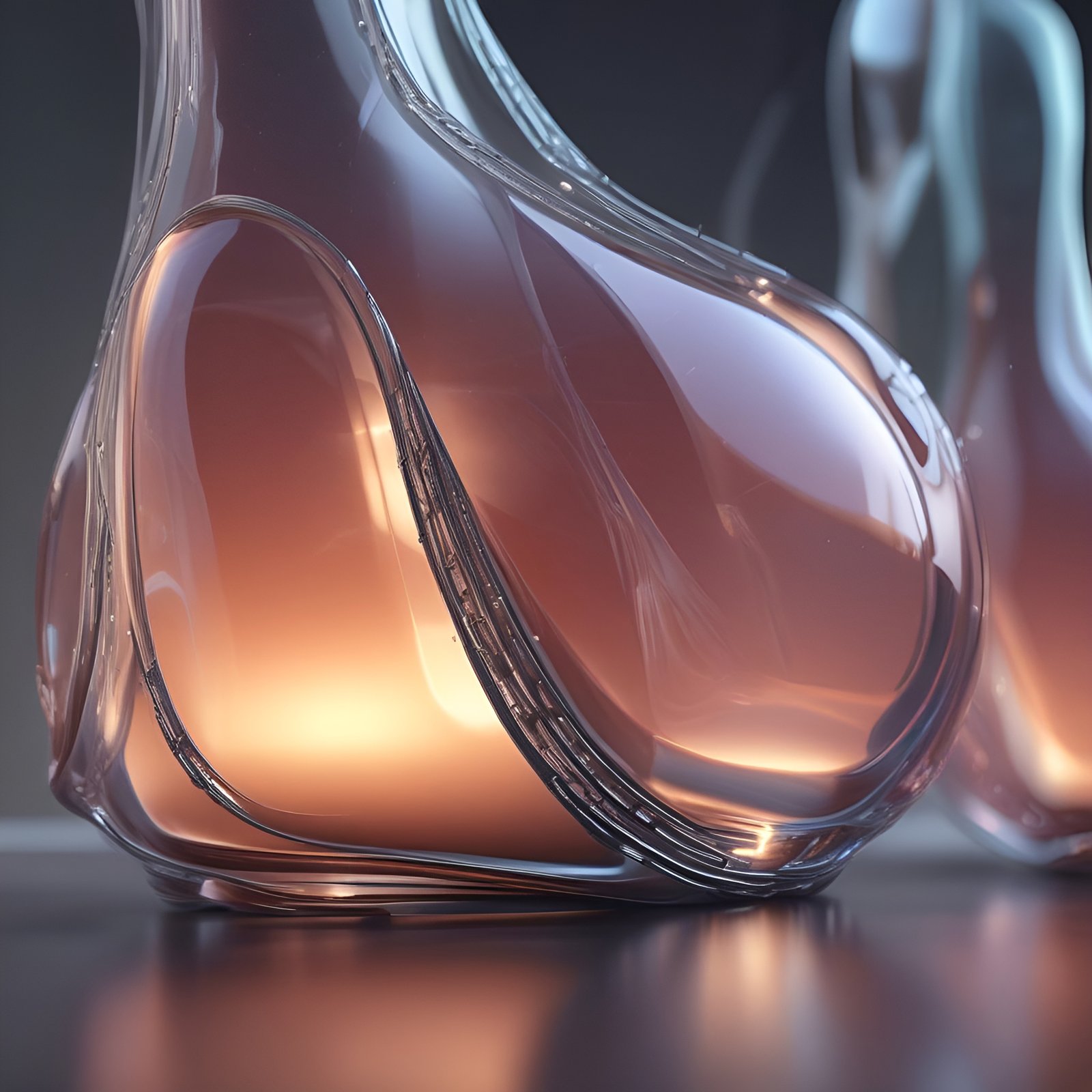 A creative photograph of a peach and clear blown-glass vase with a curved hollow body on a dark table.