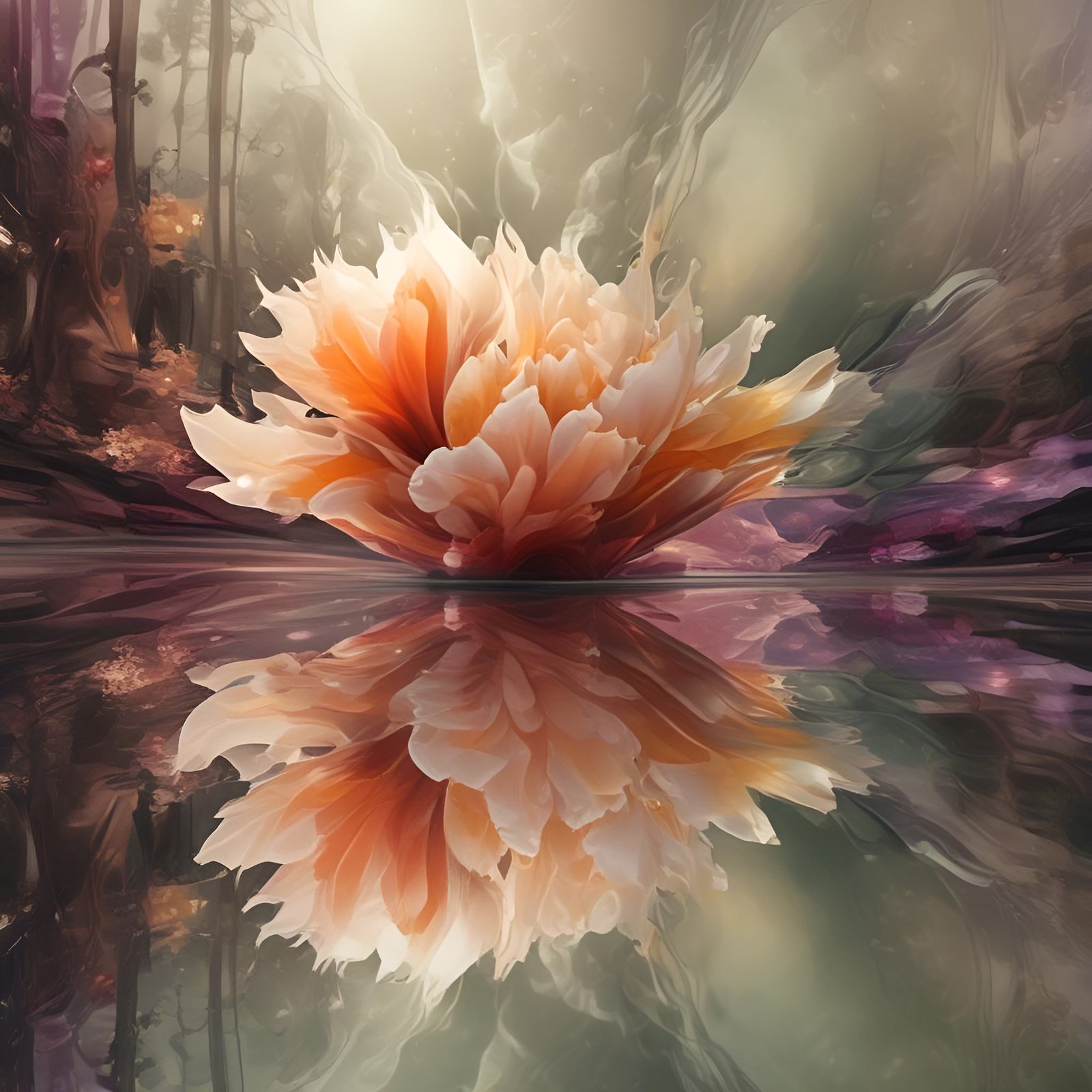 An oil painting style of a peach and cream peony at the waterline with a matching reflection on purple water.