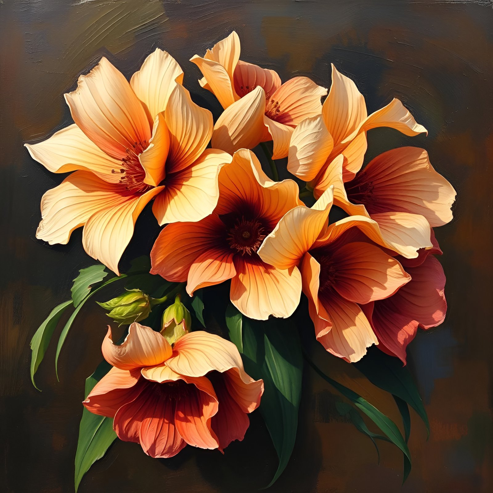 An oil painting style still-life of peach and rust hibiscus blooms with dark burgundy centers on a brown studio ground.