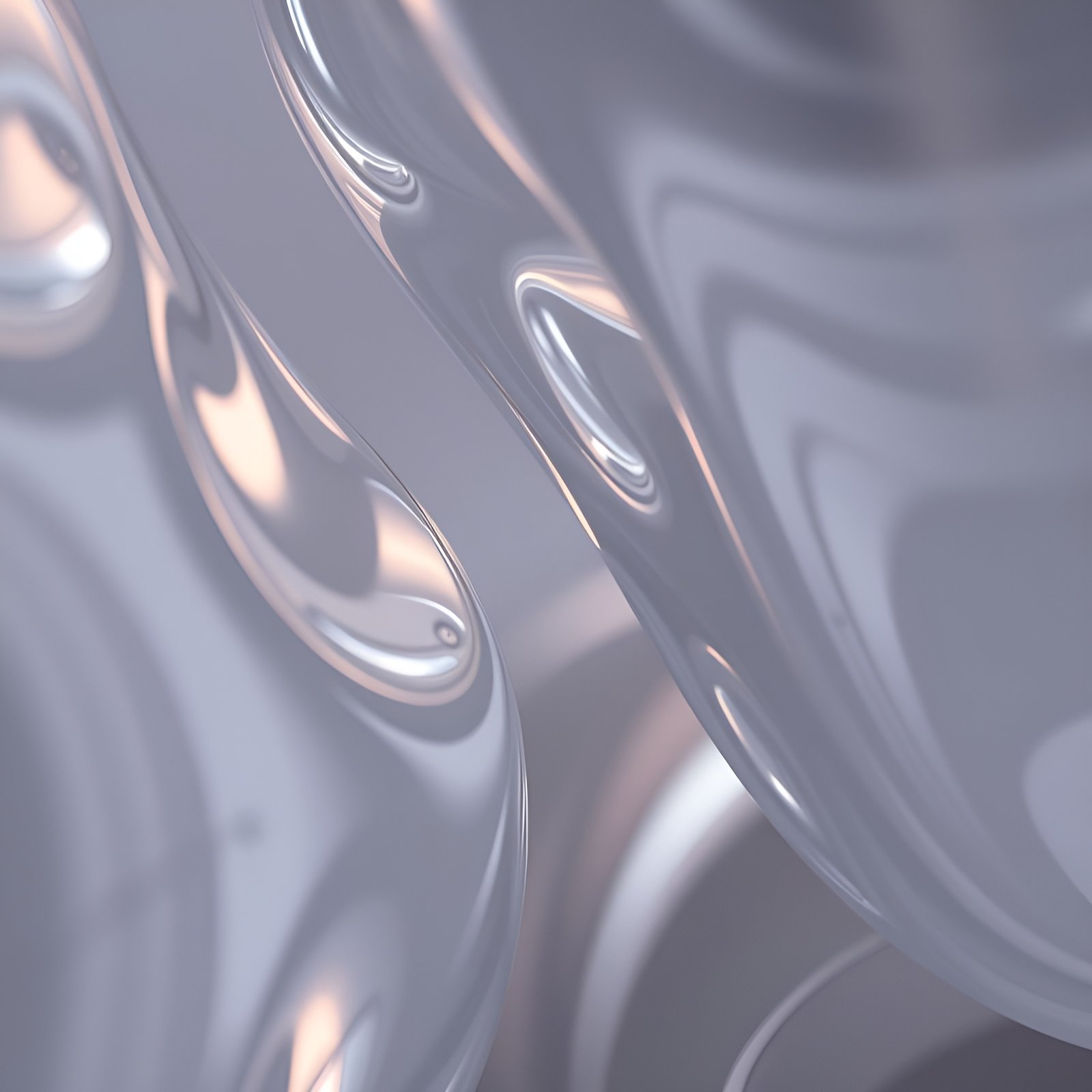Abstract art of pearly gray and pale lavender glossy drops of liquid glass with warm highlights.