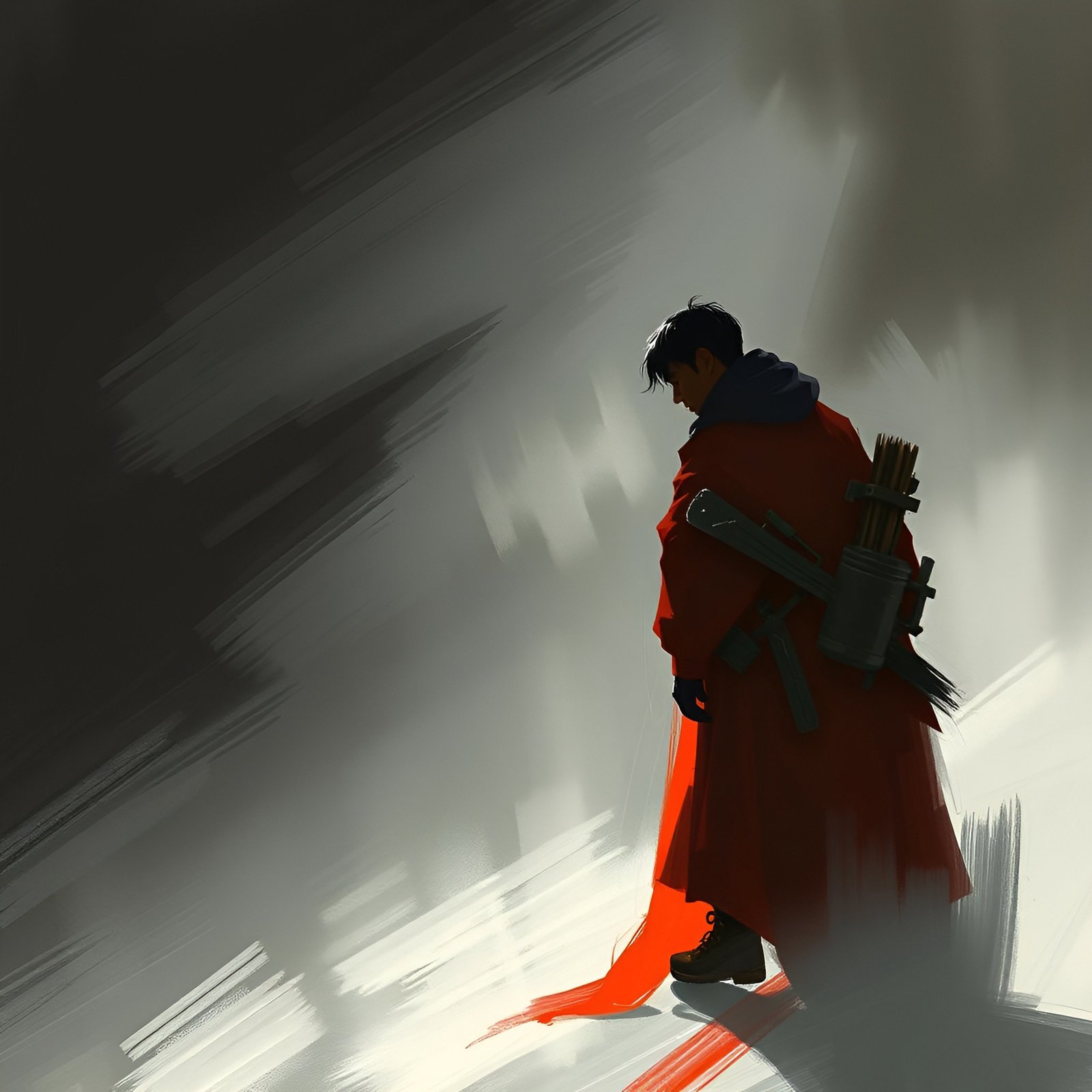 Silhouette of person in red coat with bow and arrows walking in misty gray background