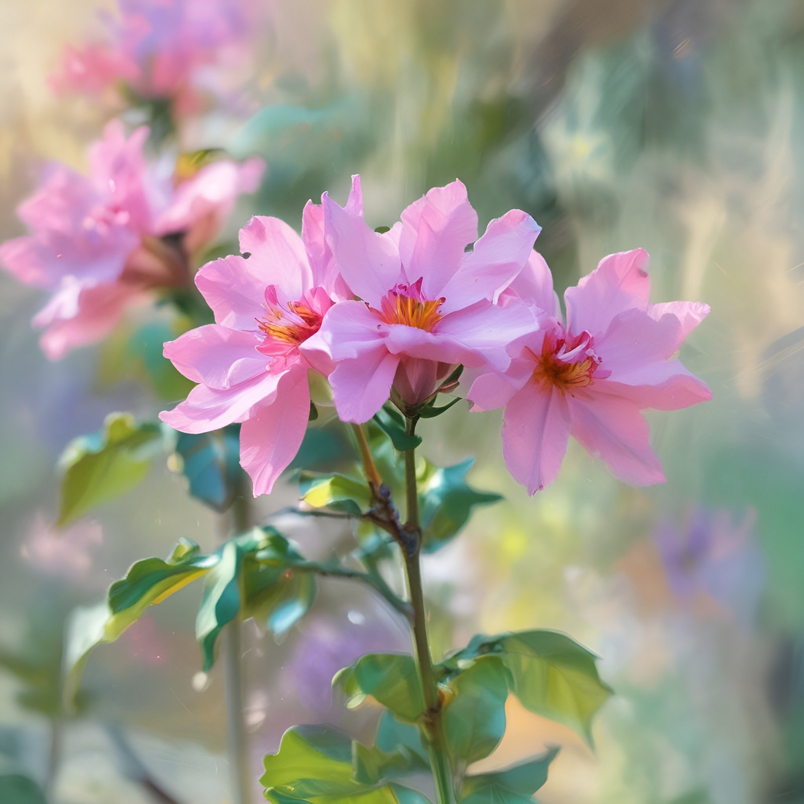 Beautiful pink bougainvillea flowers with green leaves in soft morning light