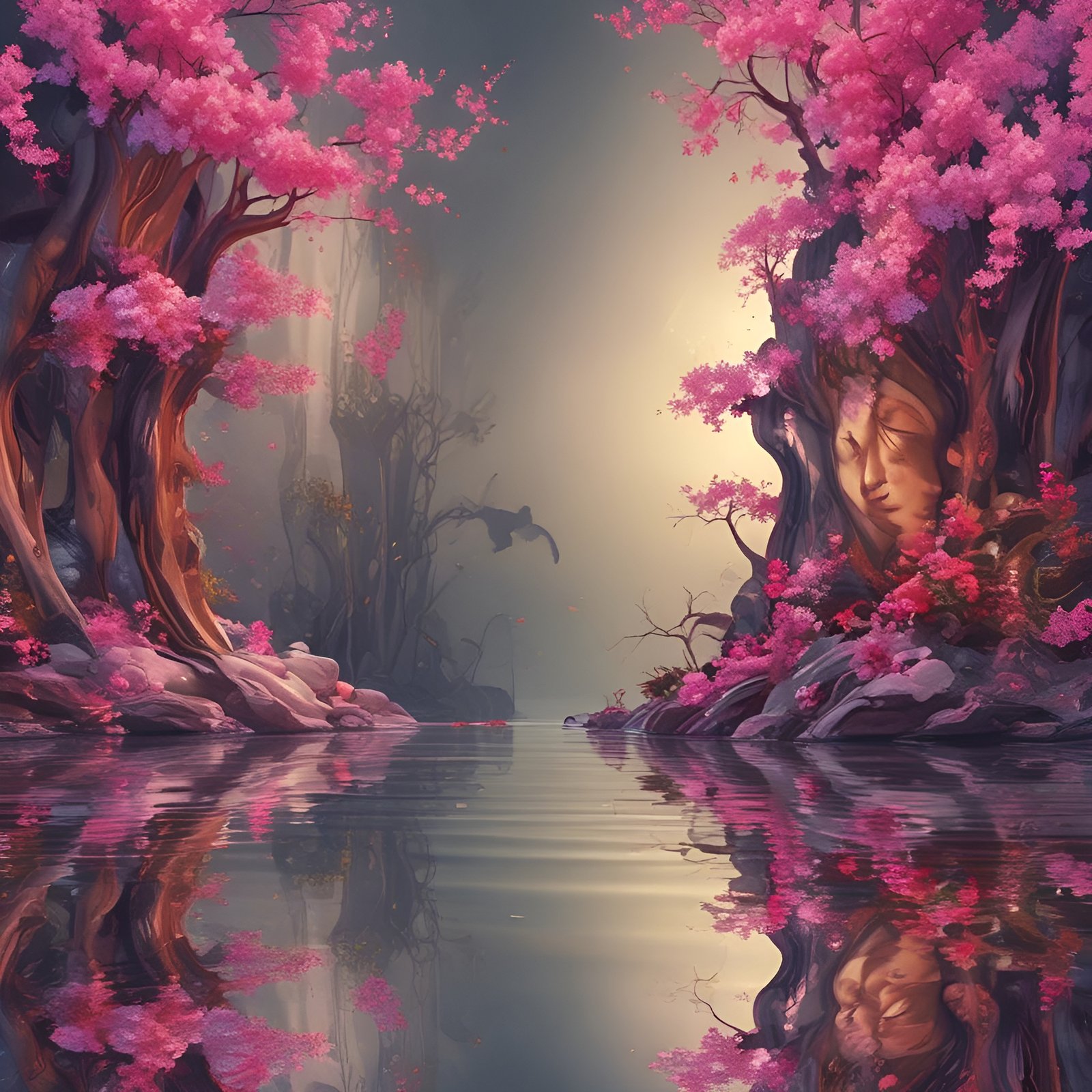 An oil painting style of pink cherry blossom trees over still water with gold haze and a bird among the trunks.