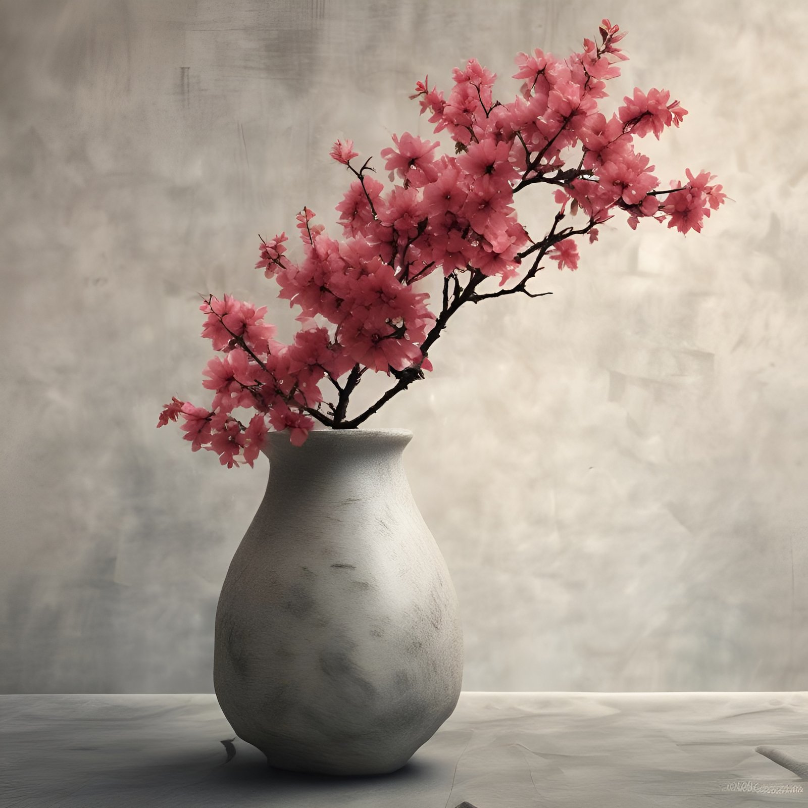 A still life image of pink cherry blossoms in white vase on a beige background