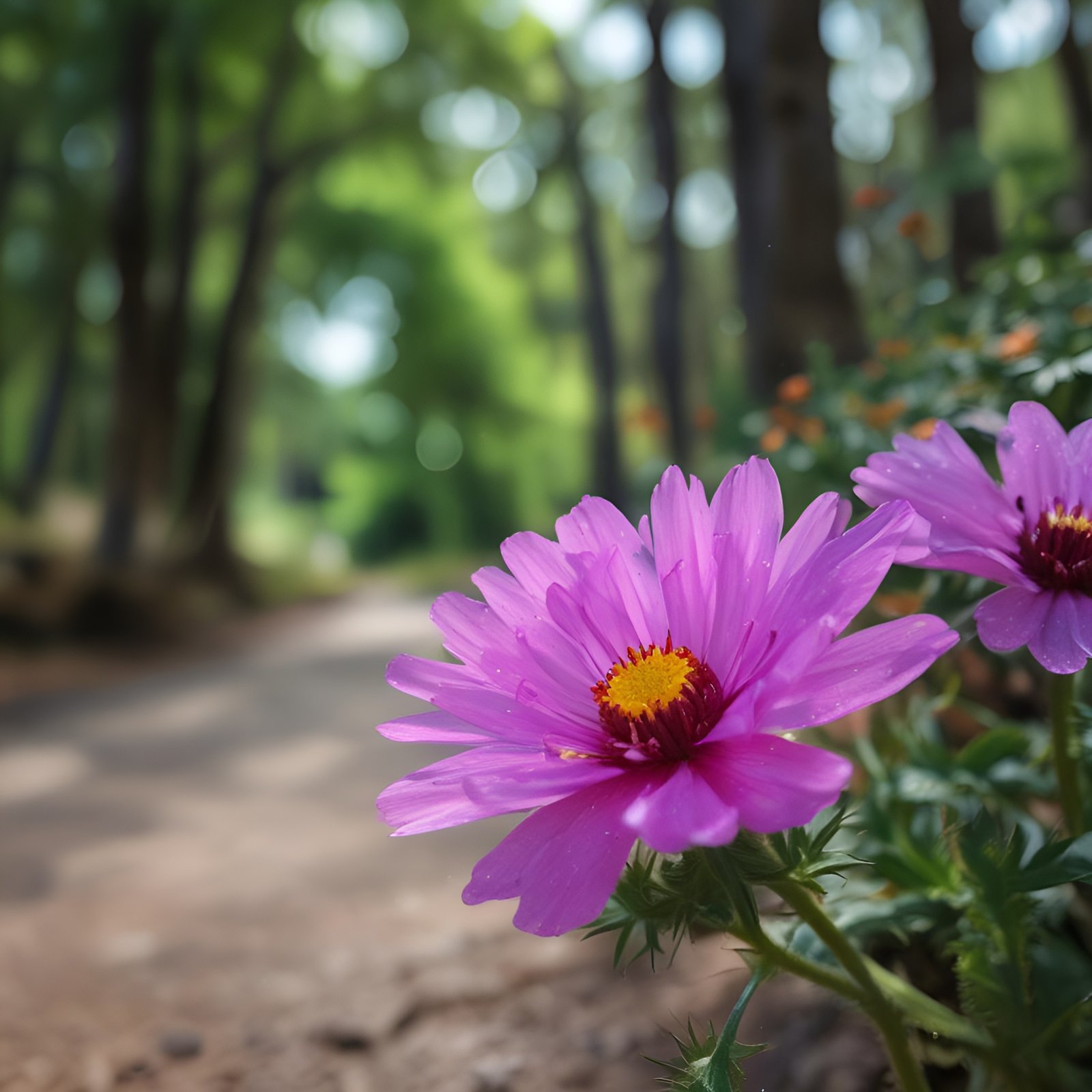 Nature photograph of pink cosmos flowers with yellow centers along forest path