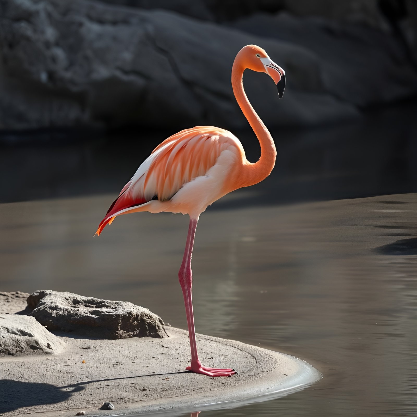 Photo of a pink flamingo standing on one leg on a sandy spit by still water