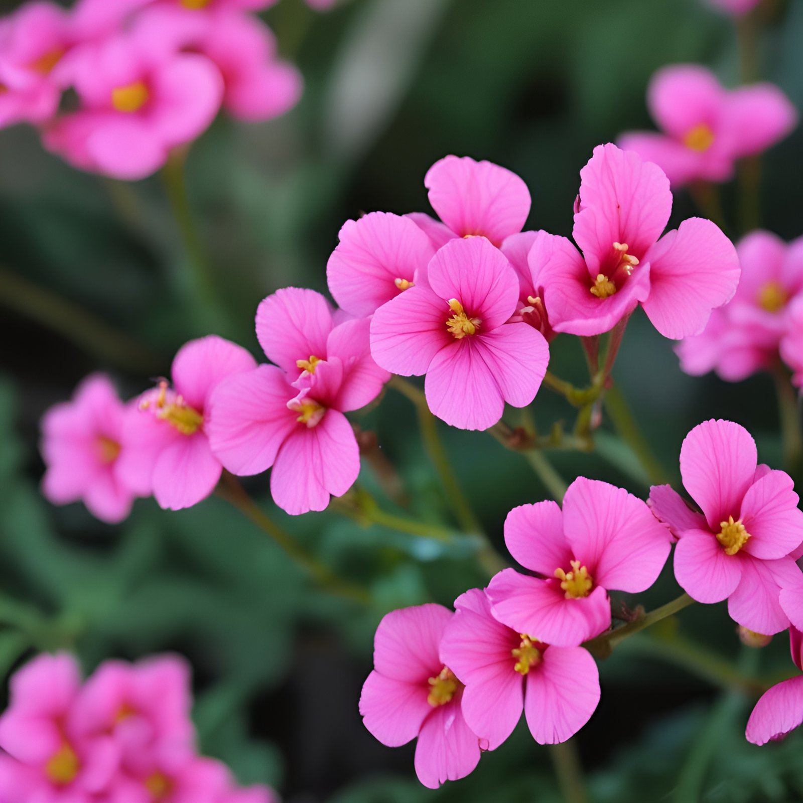 Cluster of pink flowers with yellow centers on green stems against blurred background