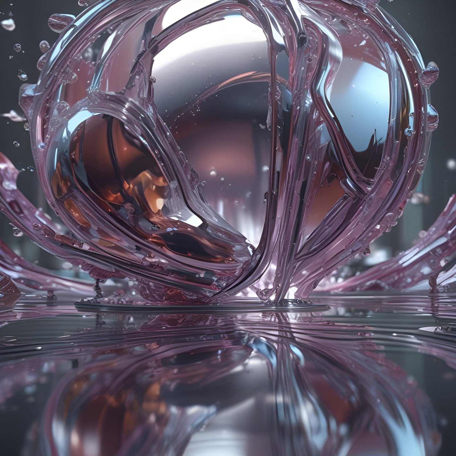 Abstract art of a pink glass heart-like splash on a wet floor with copper and violet reflections.