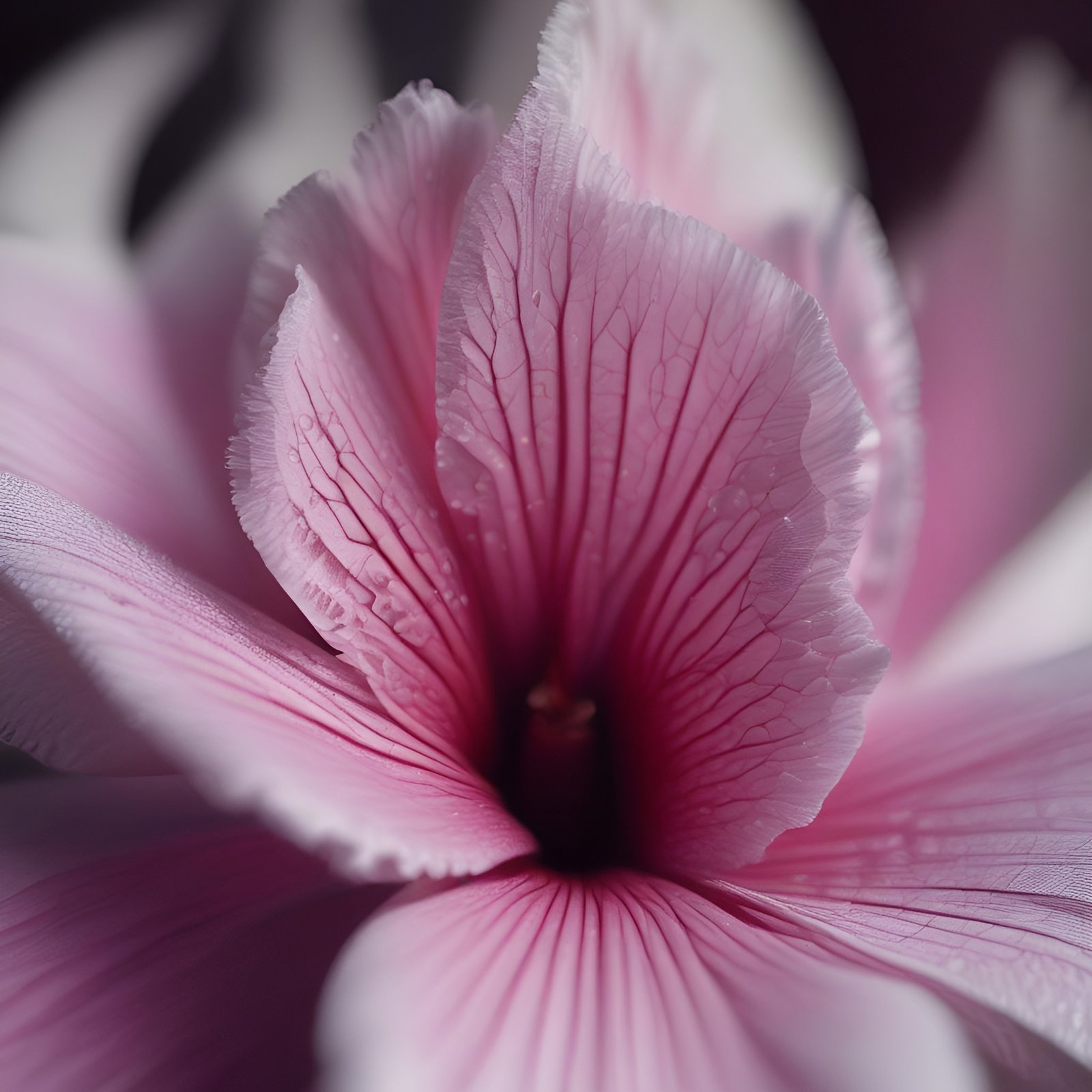 Floral photograph of a pink hollyhock with veined petals and dew drops
