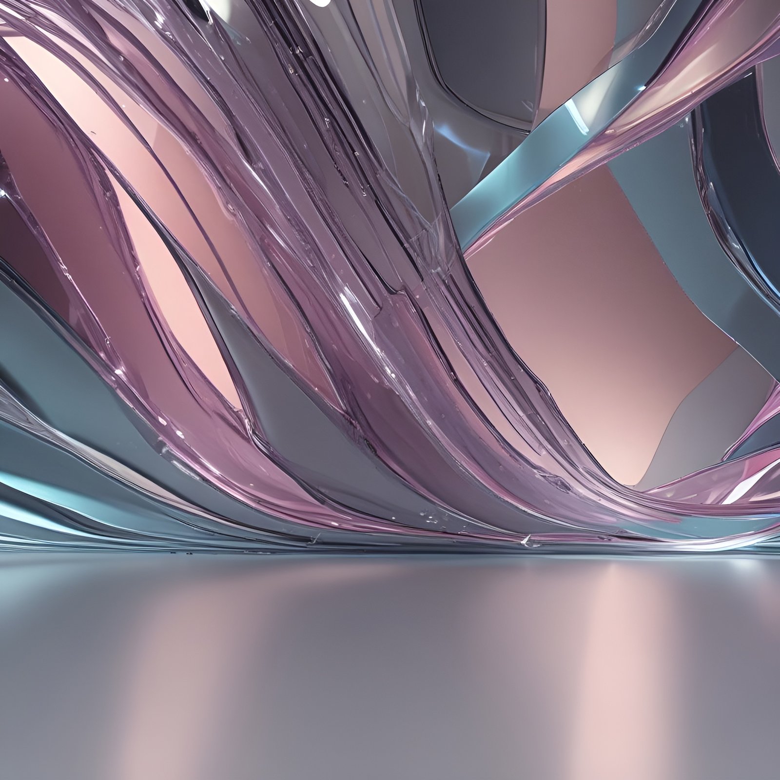 Pink lavender glass ribbons with teal panels over a gray floor in abstract art