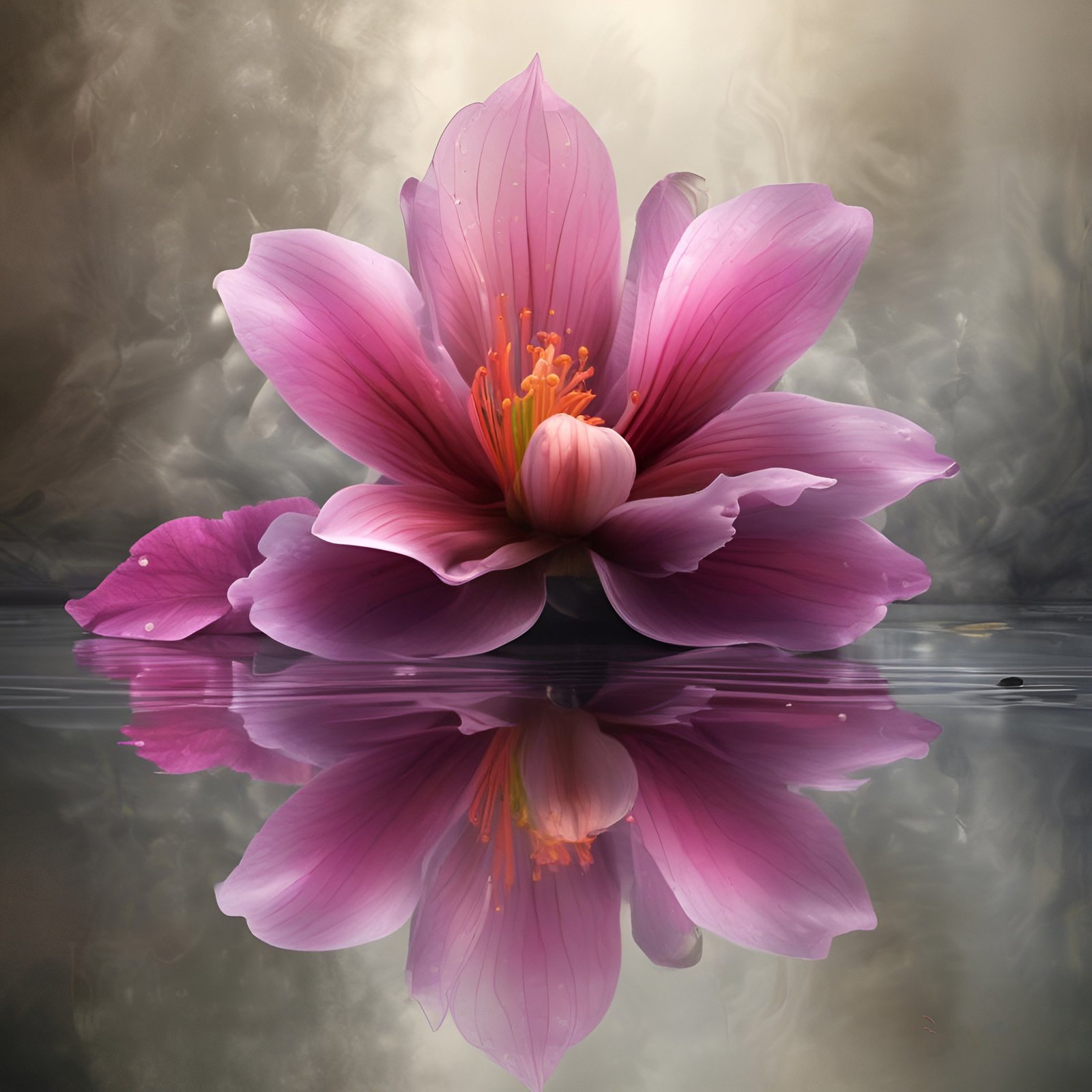 Floral photograph of a pink magnolia with orange stamens reflected on still water